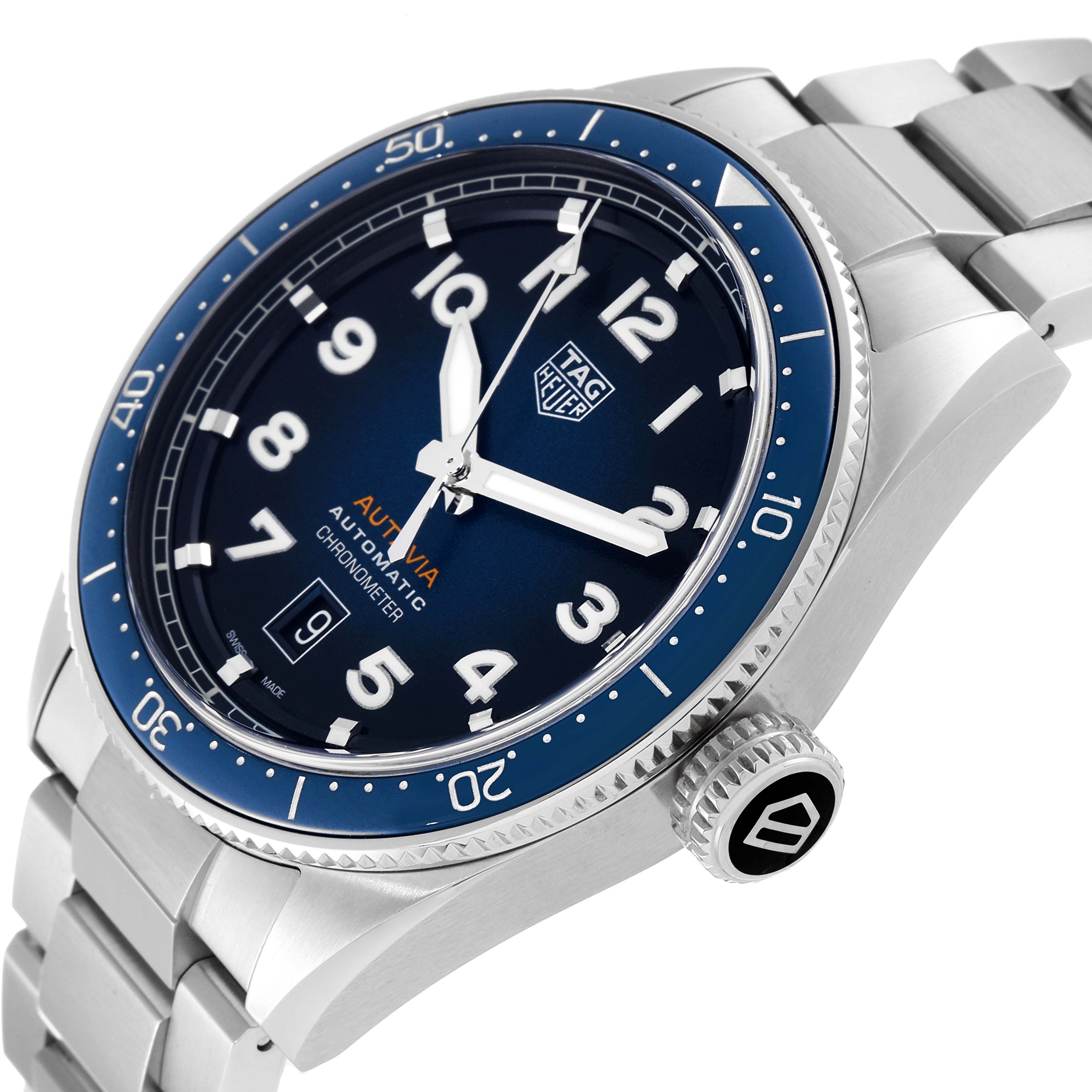 This image shows a close-up, angled view of the Tag Heuer Autavia WBE5116.EB0173 Men's Stainless Steel Blue Dial WBE5116.EB0173 Men's Stainless Steel Blue Dial watch, highlighting the blue dial, bezel, crown, and metal bracelet.