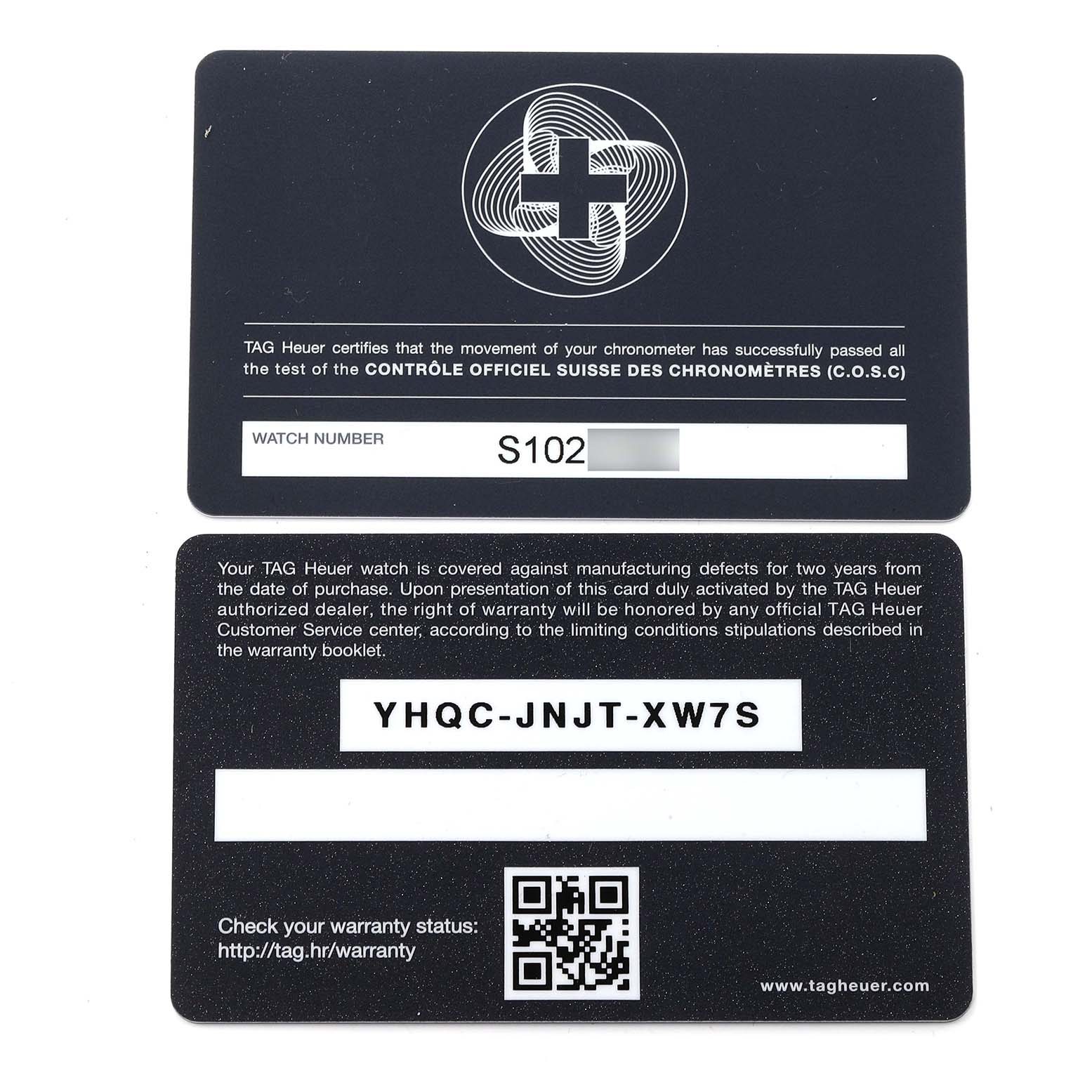 The image shows the front view of warranty and certification cards for a Tag Heuer Autavia WBE5116.EB0173 Men's Stainless Steel Blue Dial WBE5116.EB0173 Men's Stainless Steel Blue Dial watch.