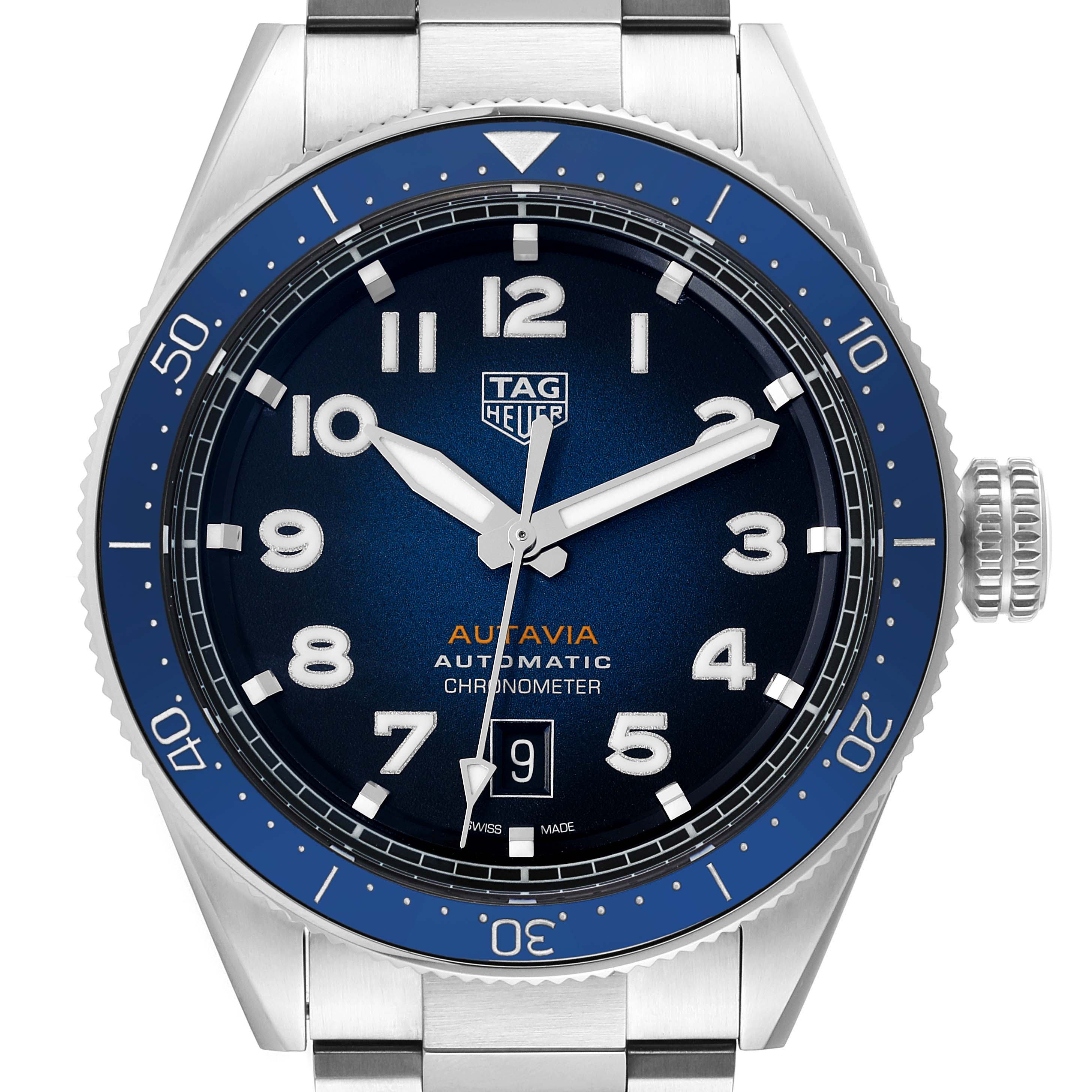 The image shows the Tag Heuer Autavia WBE5116.EB0173 Men's Stainless Steel Blue Dial WBE5116.EB0173 Men's Stainless Steel Blue Dial watch's face and bezel from a front, straight-on angle.