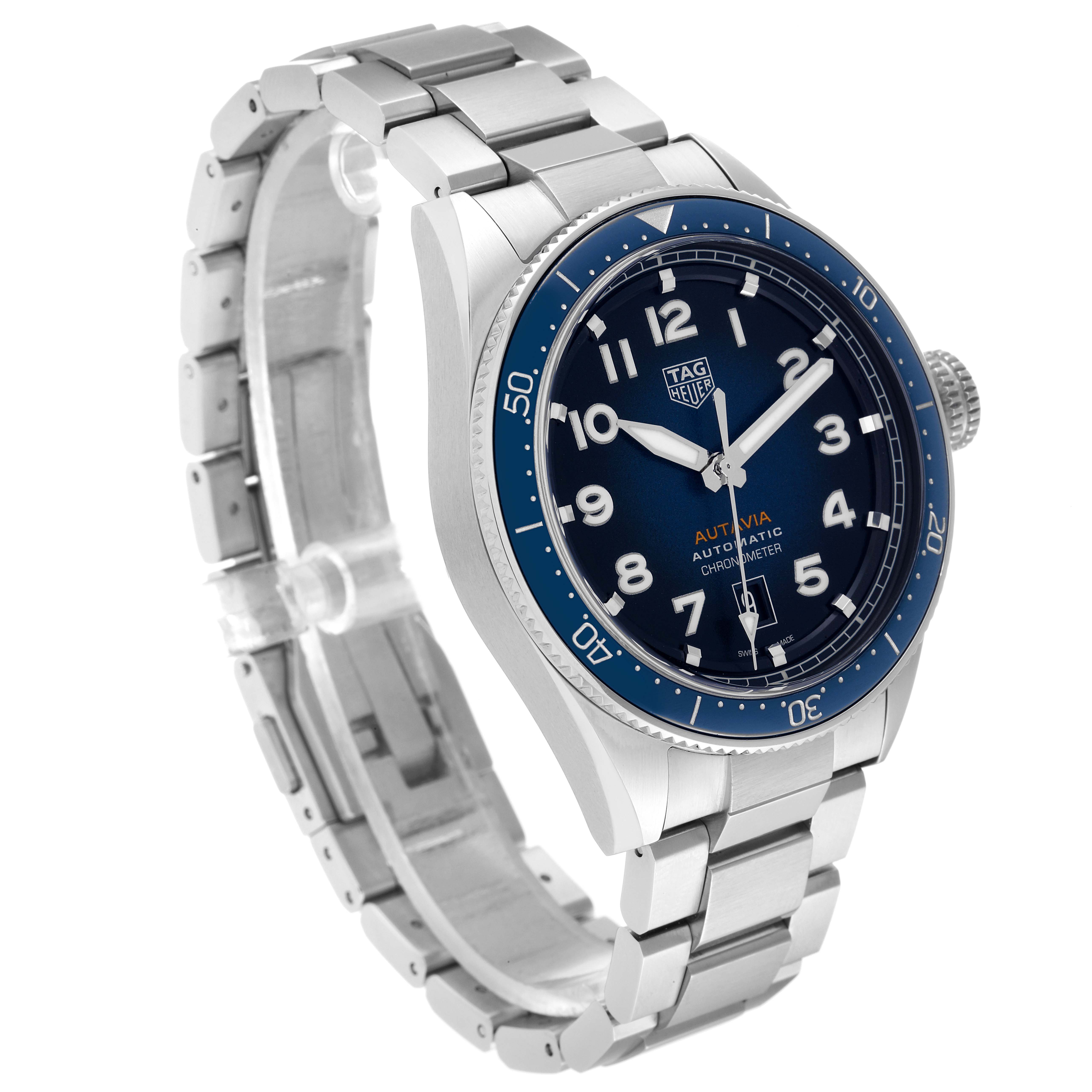 The image shows a Tag Heuer Autavia WBE5116.EB0173 Men's Stainless Steel Blue Dial WBE5116.EB0173 Men's Stainless Steel Blue Dial watch at a three-quarter angle, highlighting the face, bezel, and metal bracelet.
