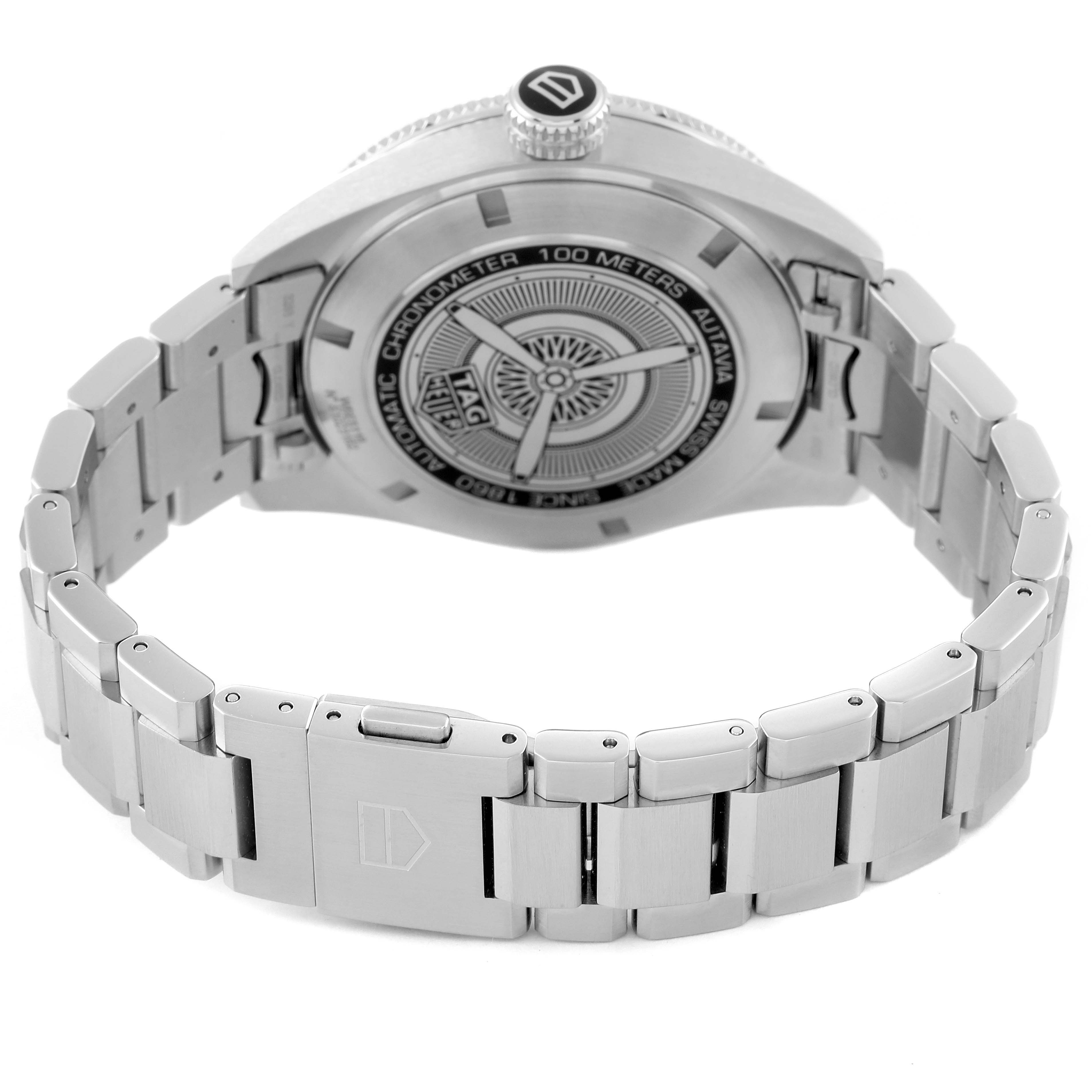 This image shows the back and bracelet of the Tag Heuer Autavia WBE5116.EB0173 Men's Stainless Steel Blue Dial WBE5116.EB0173 Men's Stainless Steel Blue Dial watch from a rear angle.