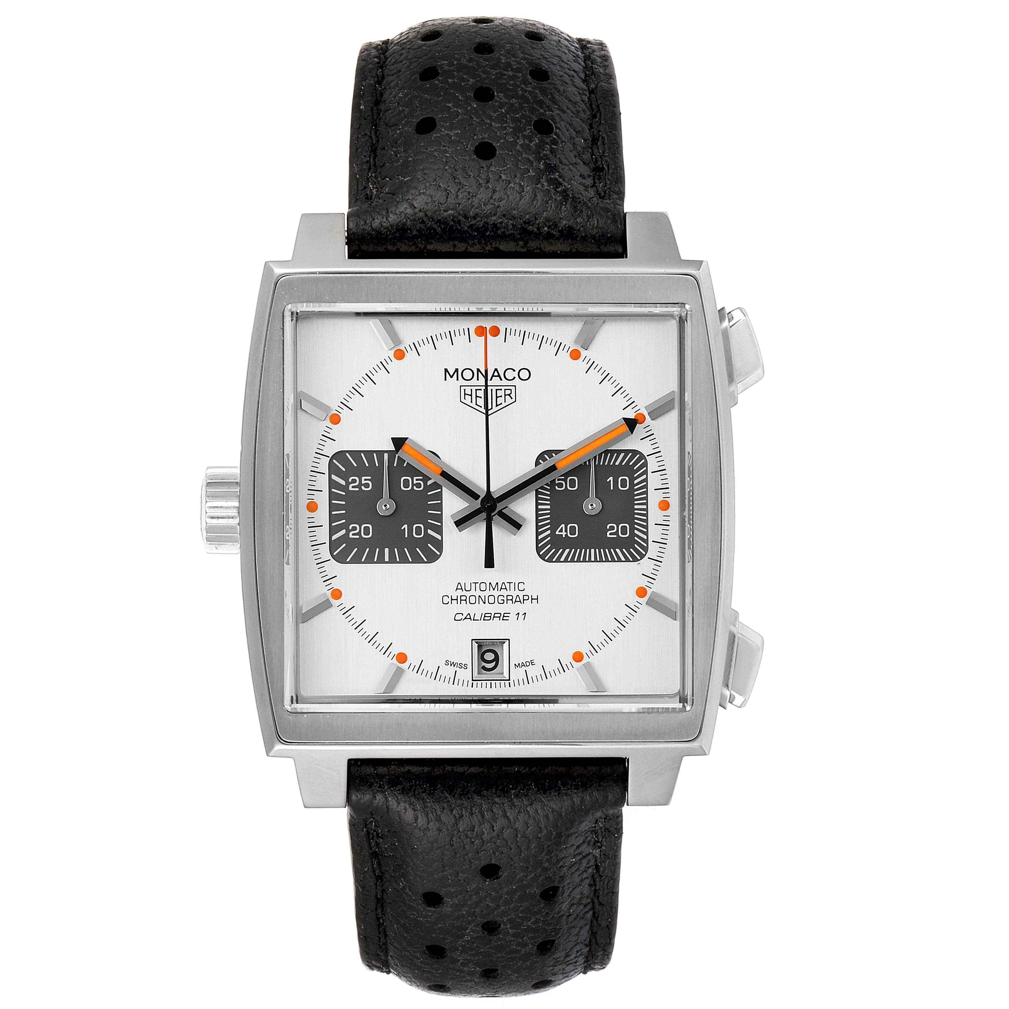 The image shows a front view of a Tag Heuer Monaco watch, highlighting the face, bezel, and strap.