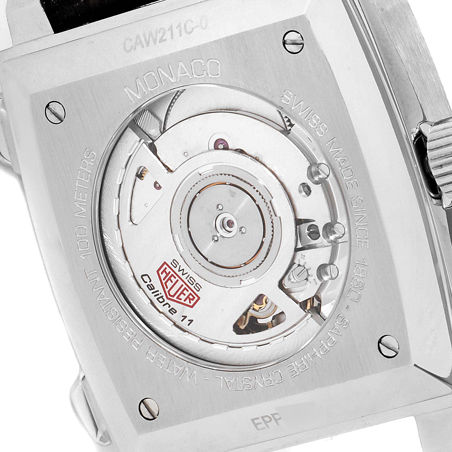 This image shows the back view of the Tag Heuer Monaco watch, revealing the internal Calibre 11 movement.