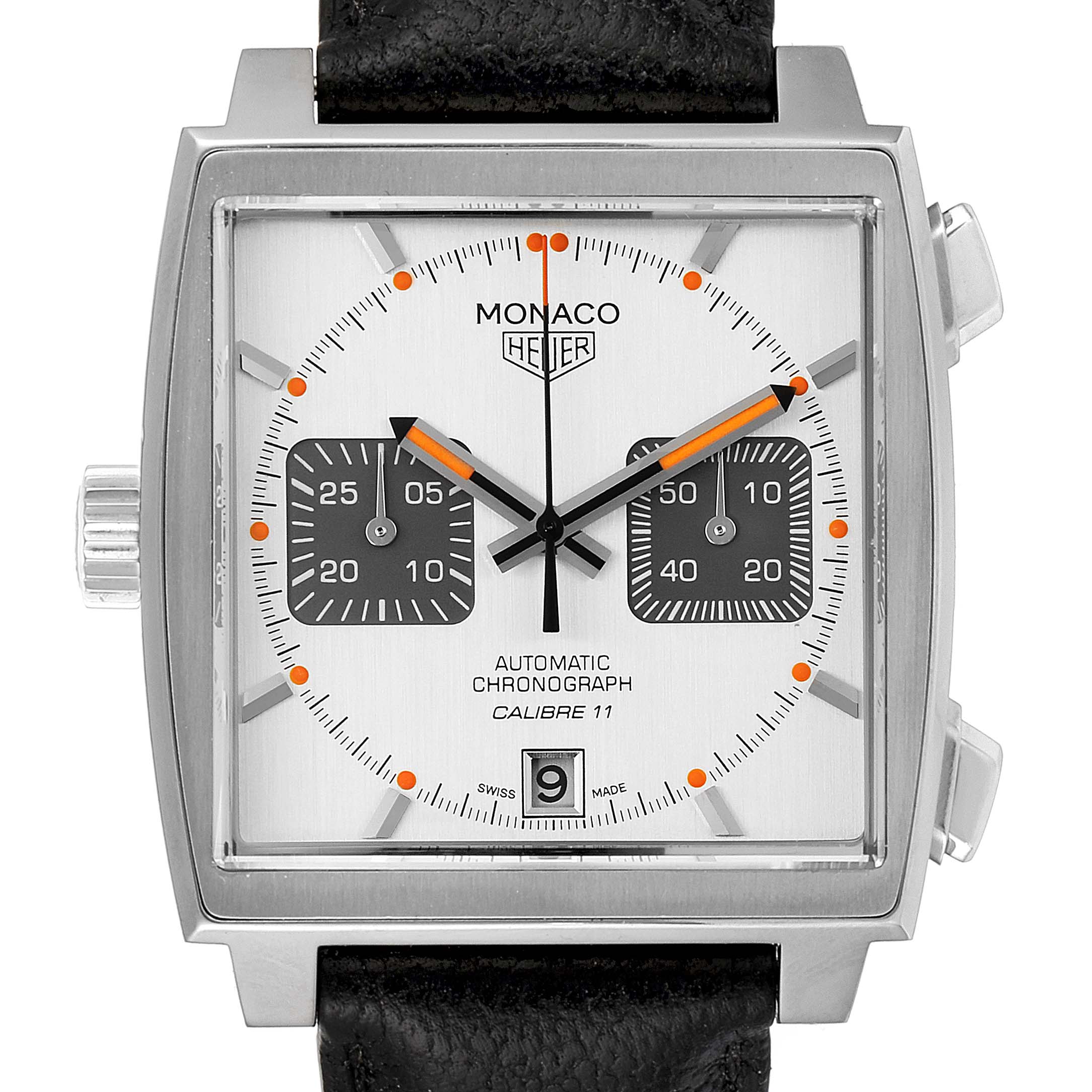 This Tag Heuer Monaco Limited Edition watch is shown from the front, highlighting its square dial, chronograph, and black leather strap.