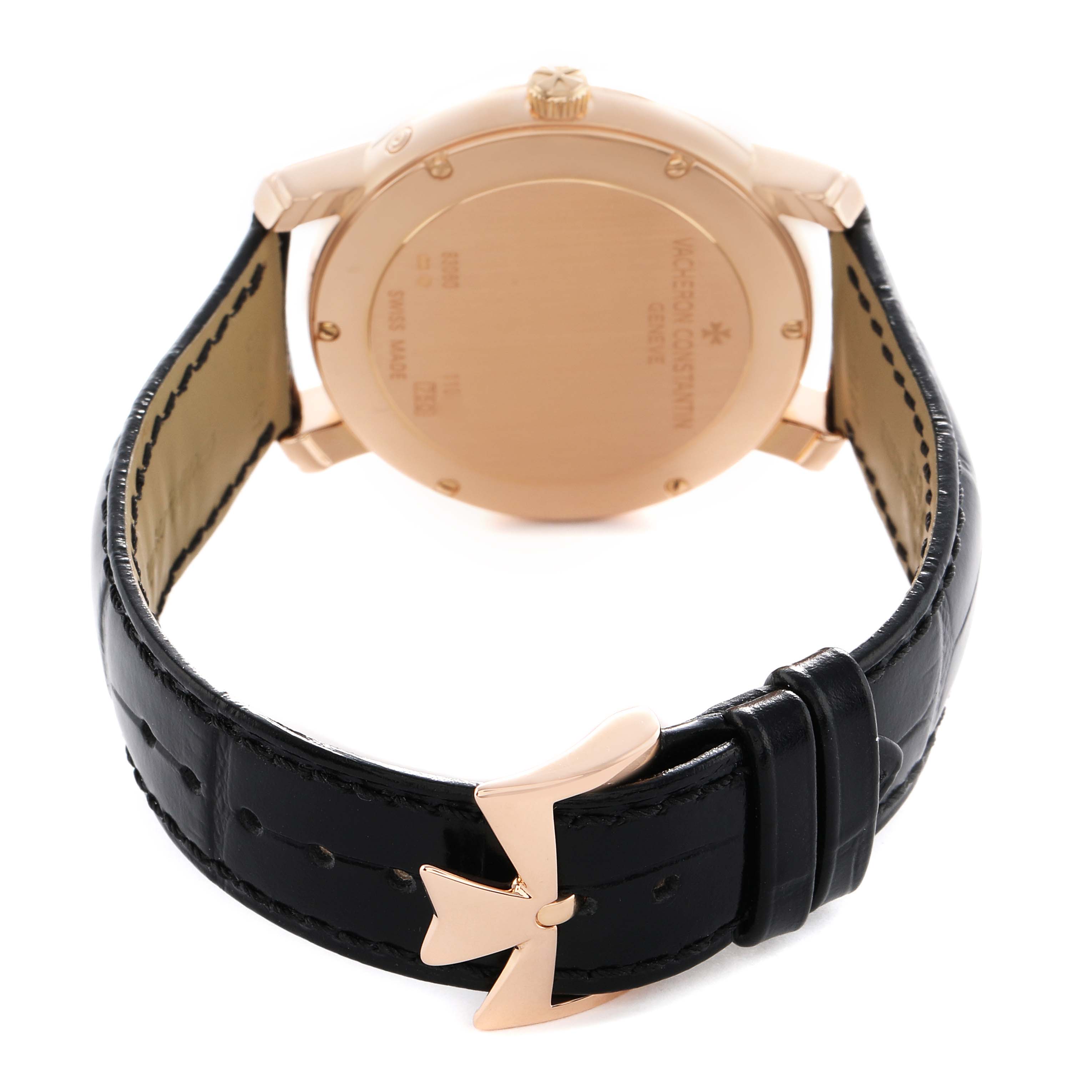 The image shows the back of the Vacheron Constantin Malte 83060 Men's Rose Gold Silver Dial watch, highlighting the case back, strap, and buckle.