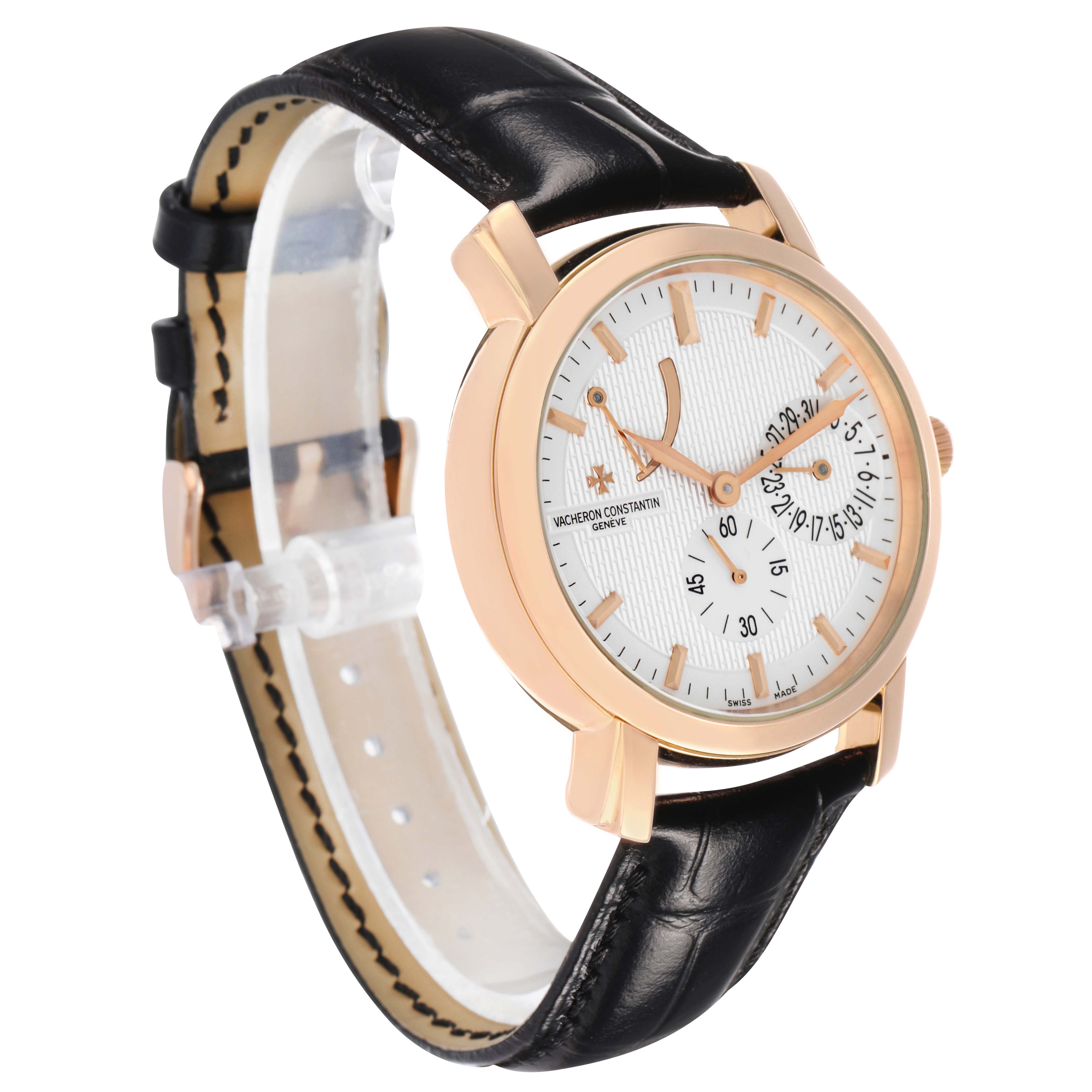 The Vacheron Constantin Malte 83060 Men's Rose Gold Silver Dial watch is shown from a three-quarter angle, highlighting the face, bezel, and black leather strap.