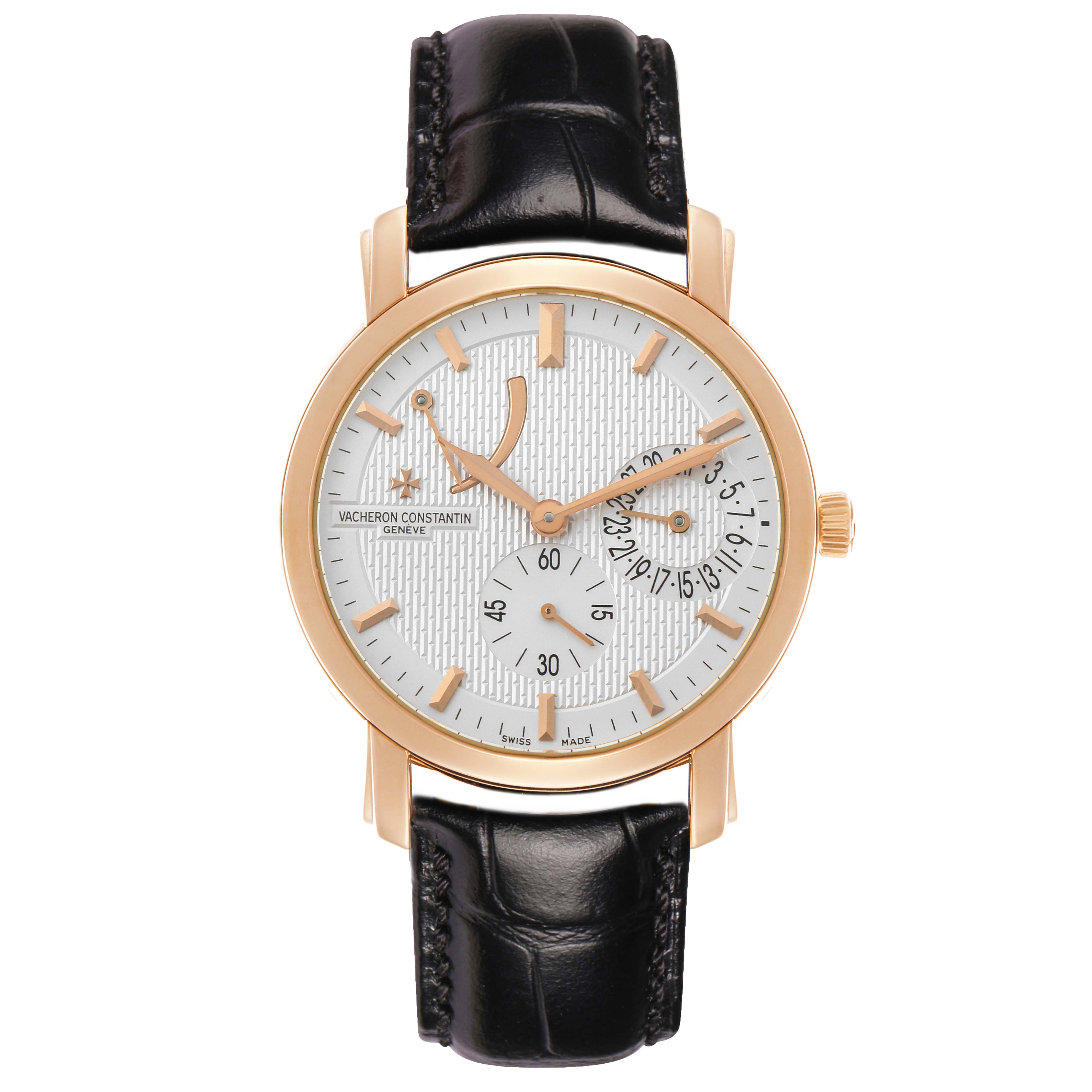 The Vacheron Constantin Malte 83060 Men's Rose Gold Silver Dial watch is shown from the front, displaying the face, hands, subdials, gold casing, and black leather strap.