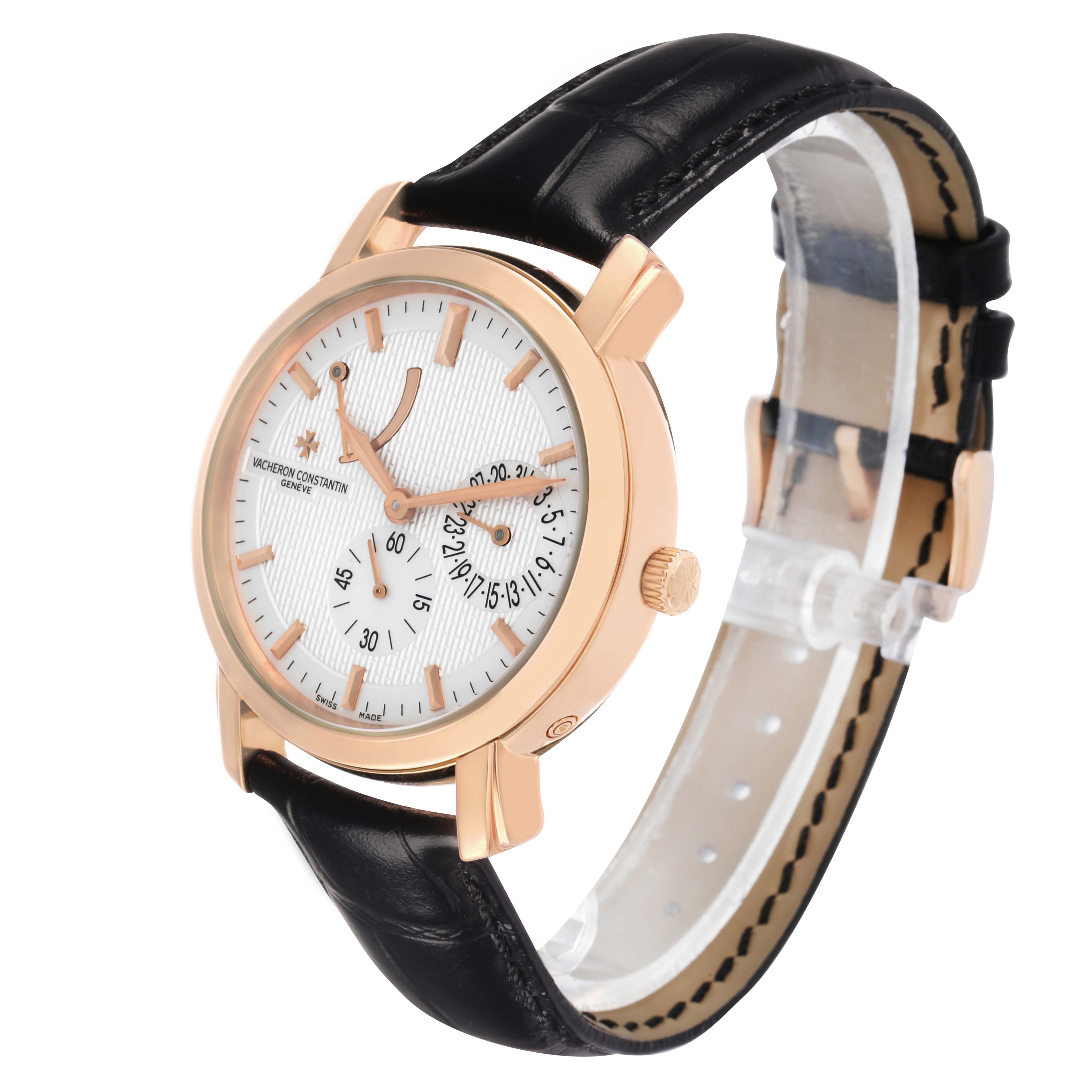 The Vacheron Constantin Malte 83060 Men's Rose Gold Silver Dial watch is shown at a 3/4 angle, featuring its dial, crown, and leather strap.