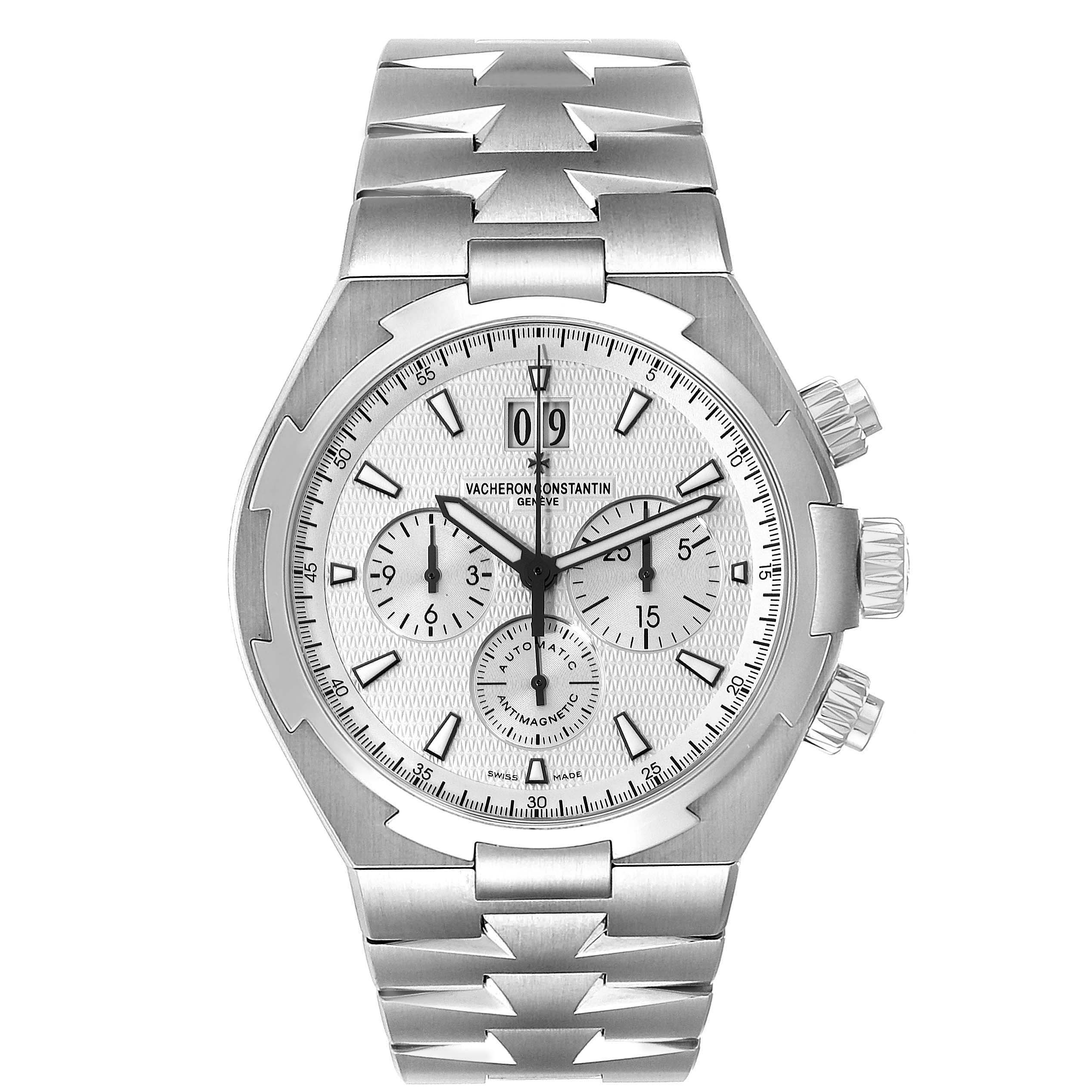 The Vacheron Constantin Overseas 49150/B01A-9095 Men
s Stainless Steel Silver Dial 49150/B01A-9095 Men
s Stainless Steel Silver Dial watch is shown from a front angle displaying the dial, bracelet, and crown.