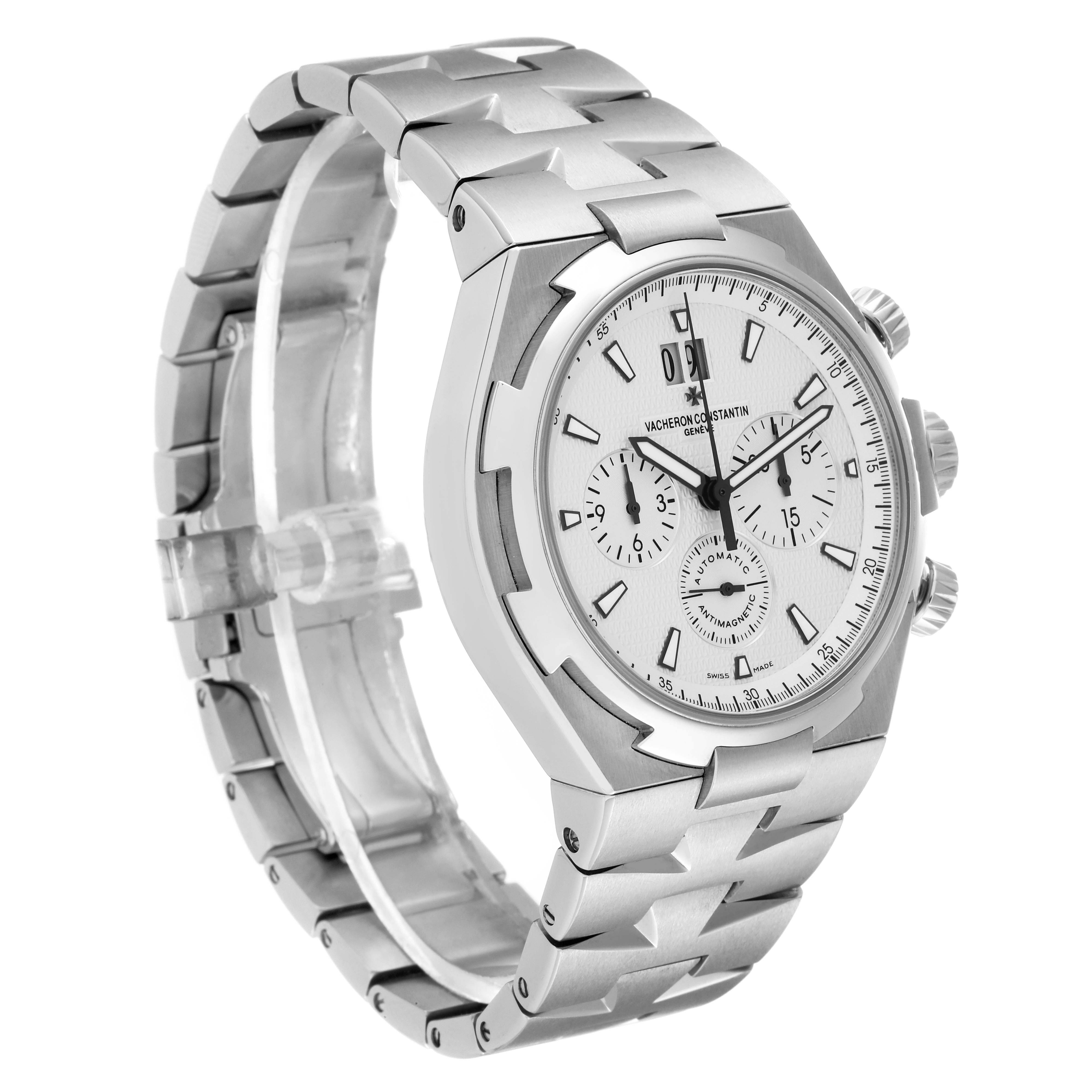 The image shows a Vacheron Constantin Overseas 49150/B01A-9095 Men
s Stainless Steel Silver Dial 49150/B01A-9095 Men
s Stainless Steel Silver Dial model watch at a three-quarter angle, highlighting its dial, bezel, and bracelet.