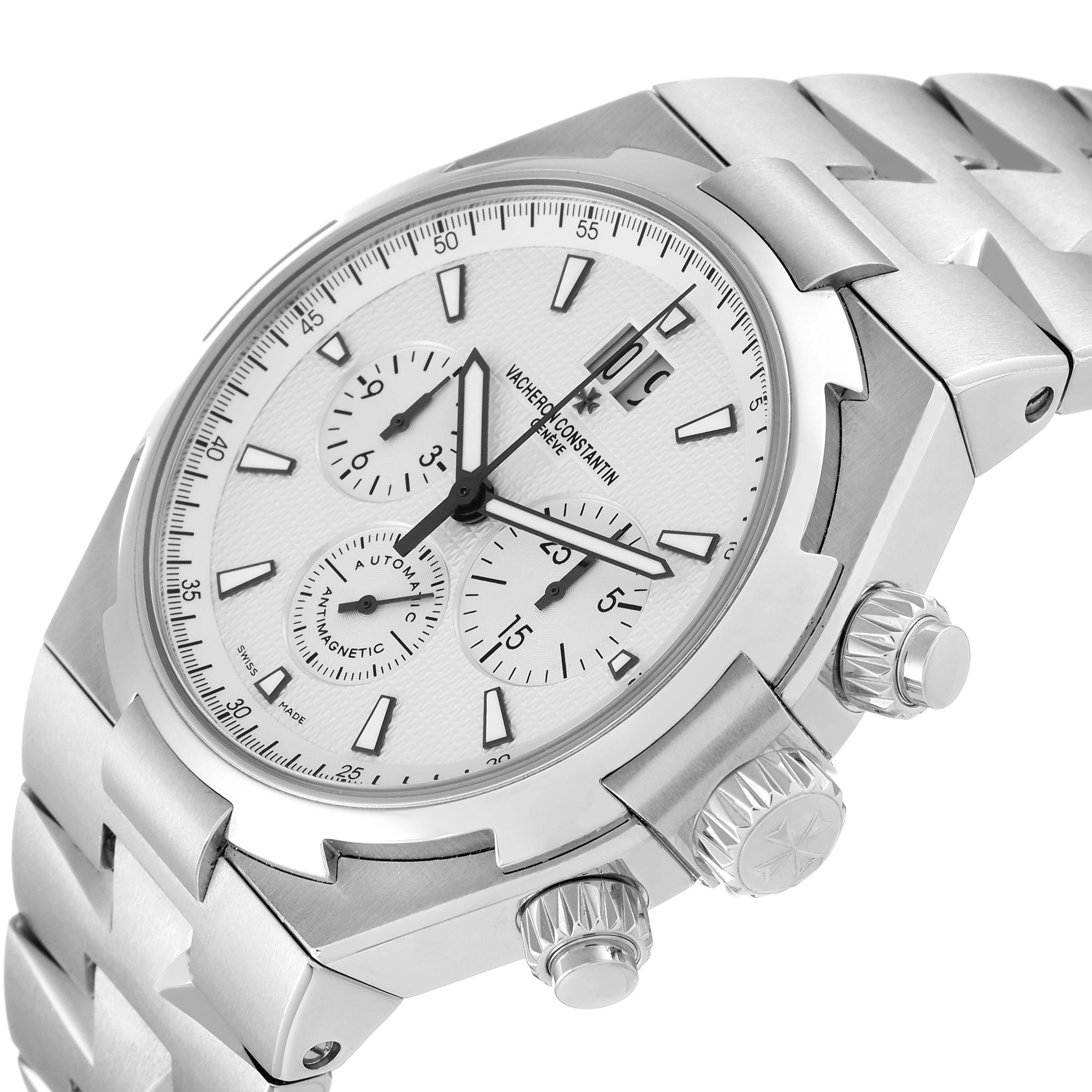 The image shows a side-angle view of the Vacheron Constantin Overseas 49150/B01A-9095 Men
s Stainless Steel Silver Dial 49150/B01A-9095 Men
s Stainless Steel Silver Dial model watch, highlighting its dial, bezel, crown, and bracelet.