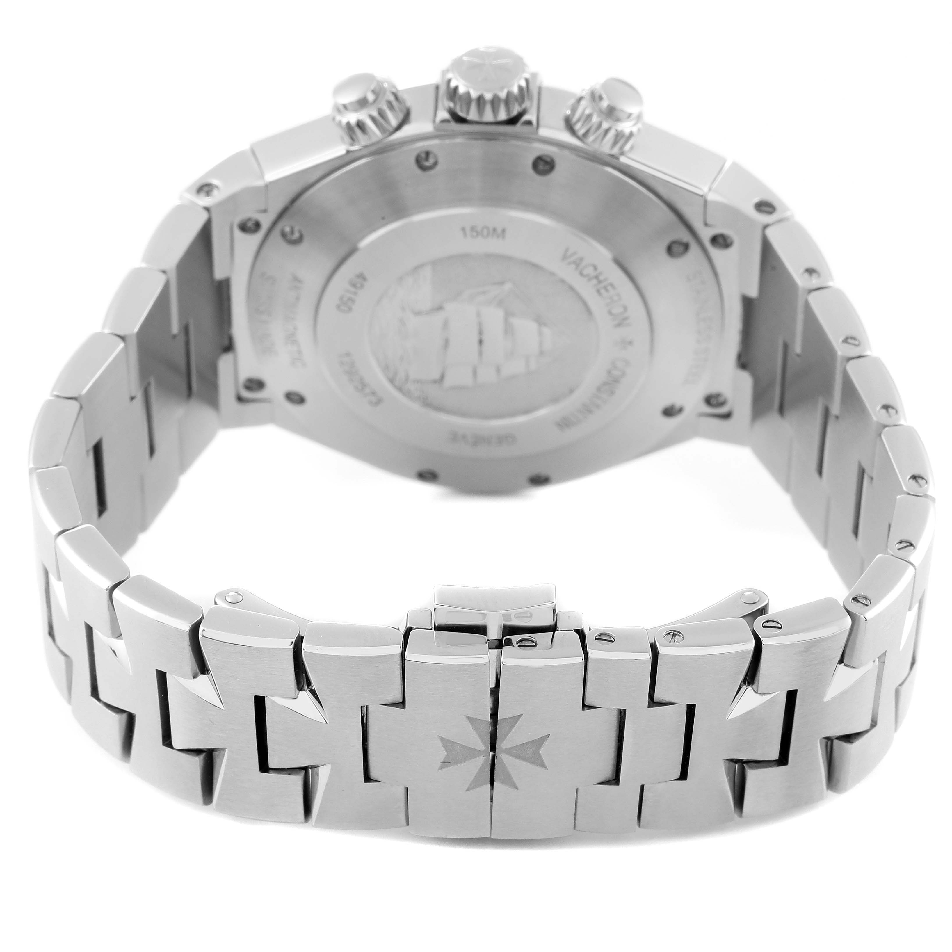 The image shows the back case and bracelet of a Vacheron Constantin Overseas 49150/B01A-9095 Men
s Stainless Steel Silver Dial 49150/B01A-9095 Men
s Stainless Steel Silver Dial watch from a rear angle.