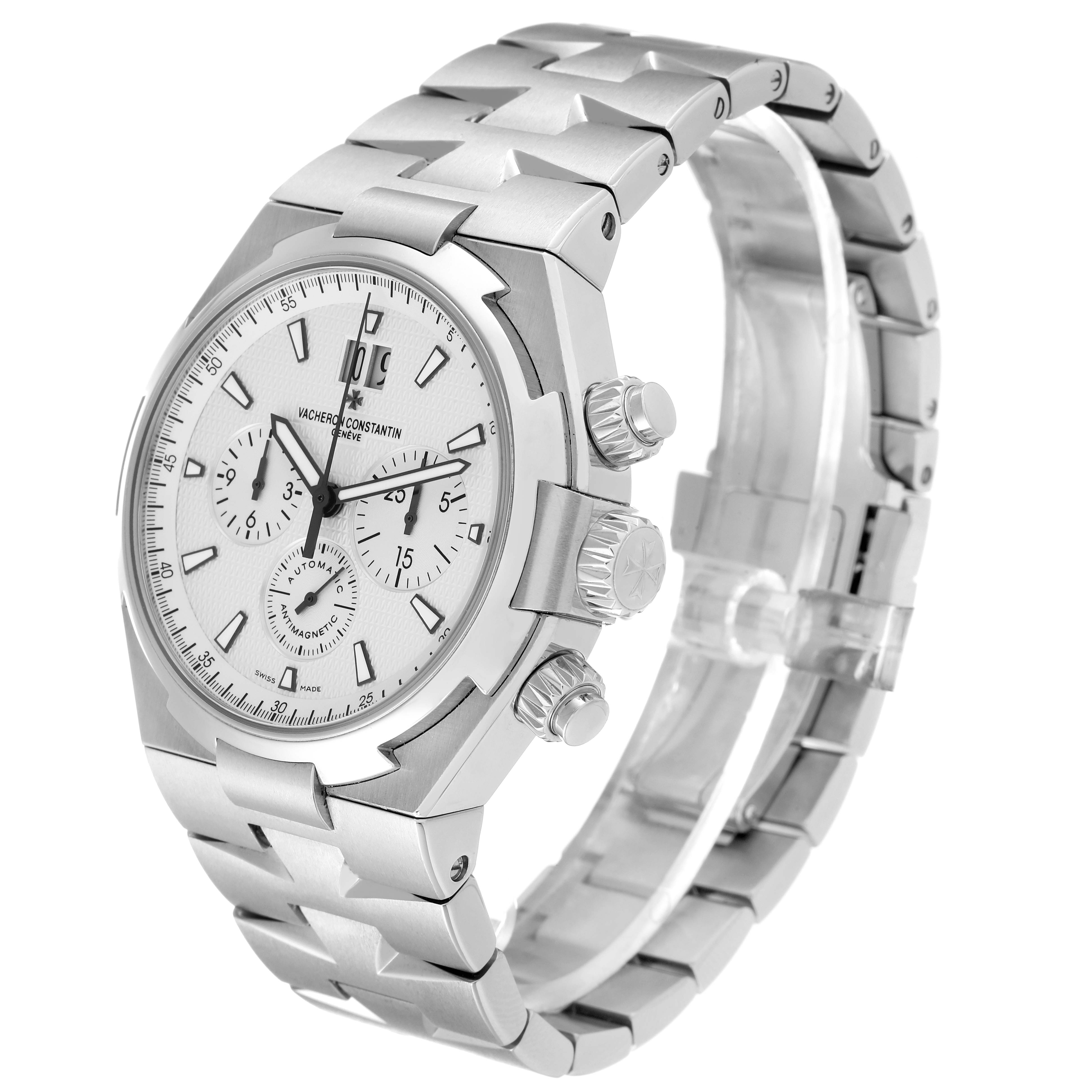 The image shows a side angle of the Vacheron Constantin Overseas 49150/B01A-9095 Men
s Stainless Steel Silver Dial 49150/B01A-9095 Men
s Stainless Steel Silver Dial model watch, focusing on its face, bracelet, and crown.