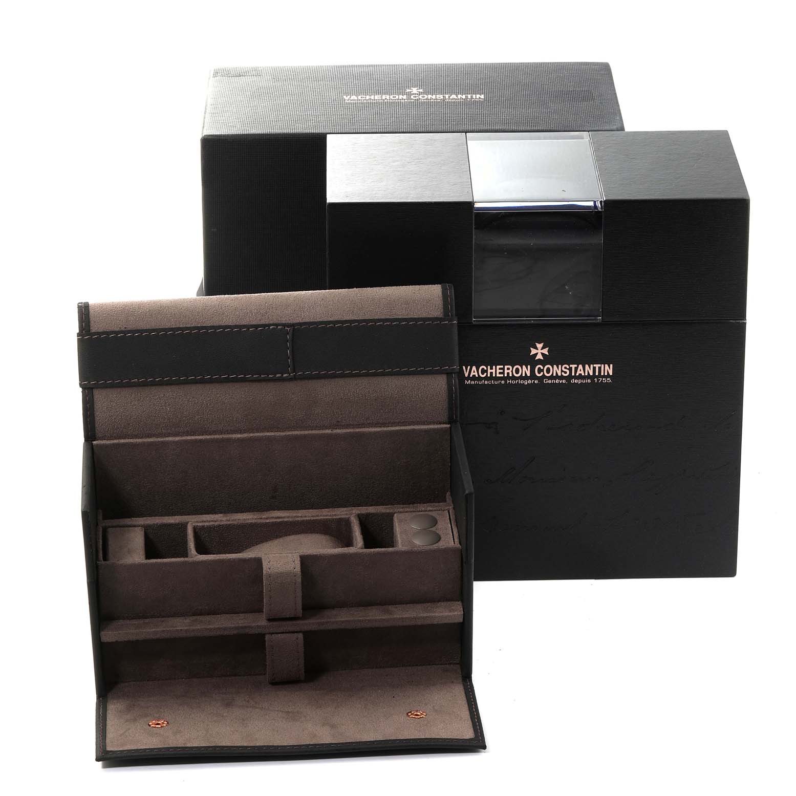 The image shows the packaging and storage box for the Vacheron Constantin Overseas 49150/B01A-9095 Men
s Stainless Steel Silver Dial 49150/B01A-9095 Men
s Stainless Steel Silver Dial watch, including compartments and branding.