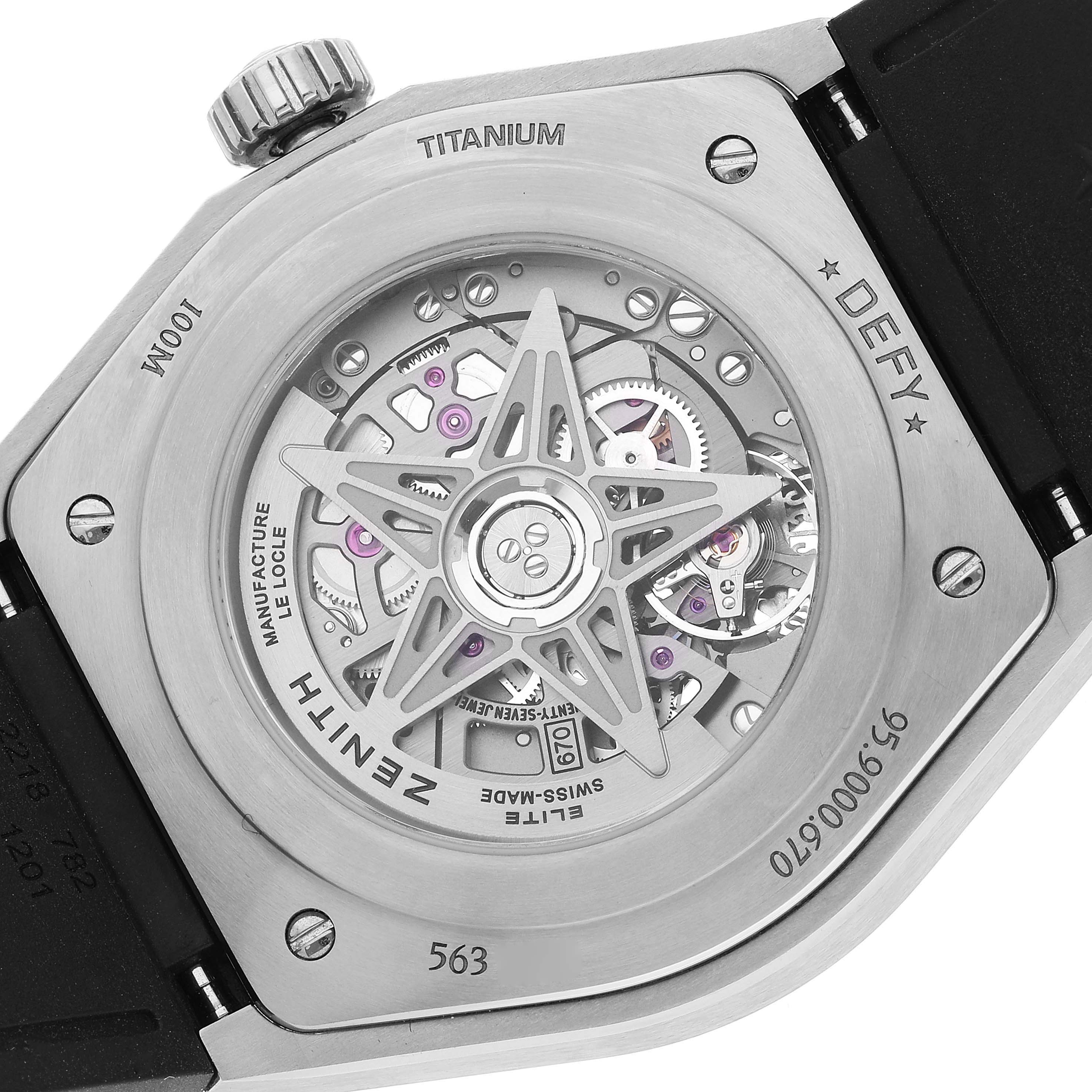 This image shows the back of a Zenith Defy 95.9000.670/78.R782 Men's Titanium Grey Dial 95.9000.670/78.R782 Men's Titanium Grey Dial watch, highlighting its open caseback and intricate movement.