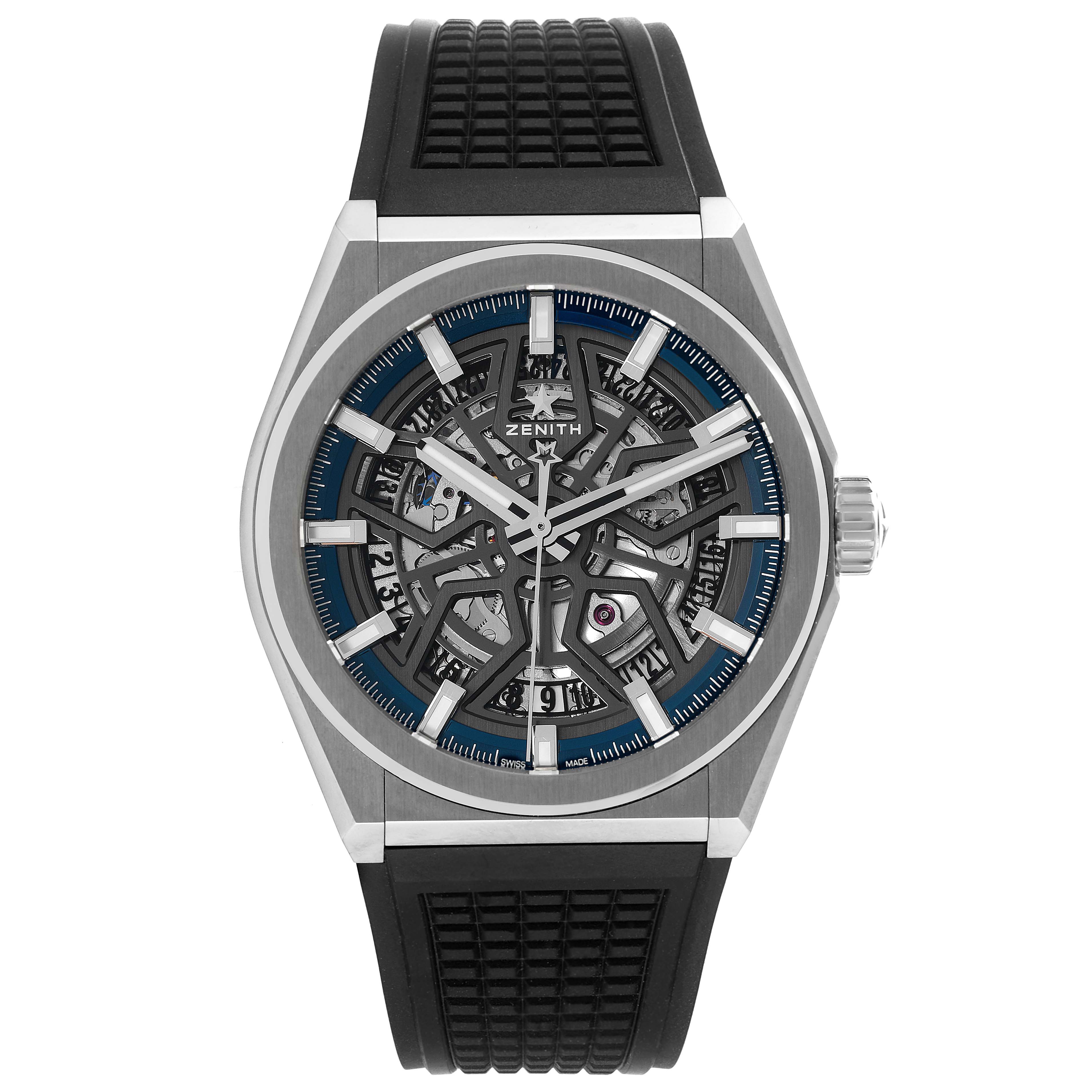 The front view of the Zenith Defy 95.9000.670/78.R782 Men's Titanium Grey Dial 95.9000.670/78.R782 Men's Titanium Grey Dial watch shows its detailed skeleton dial and black strap.