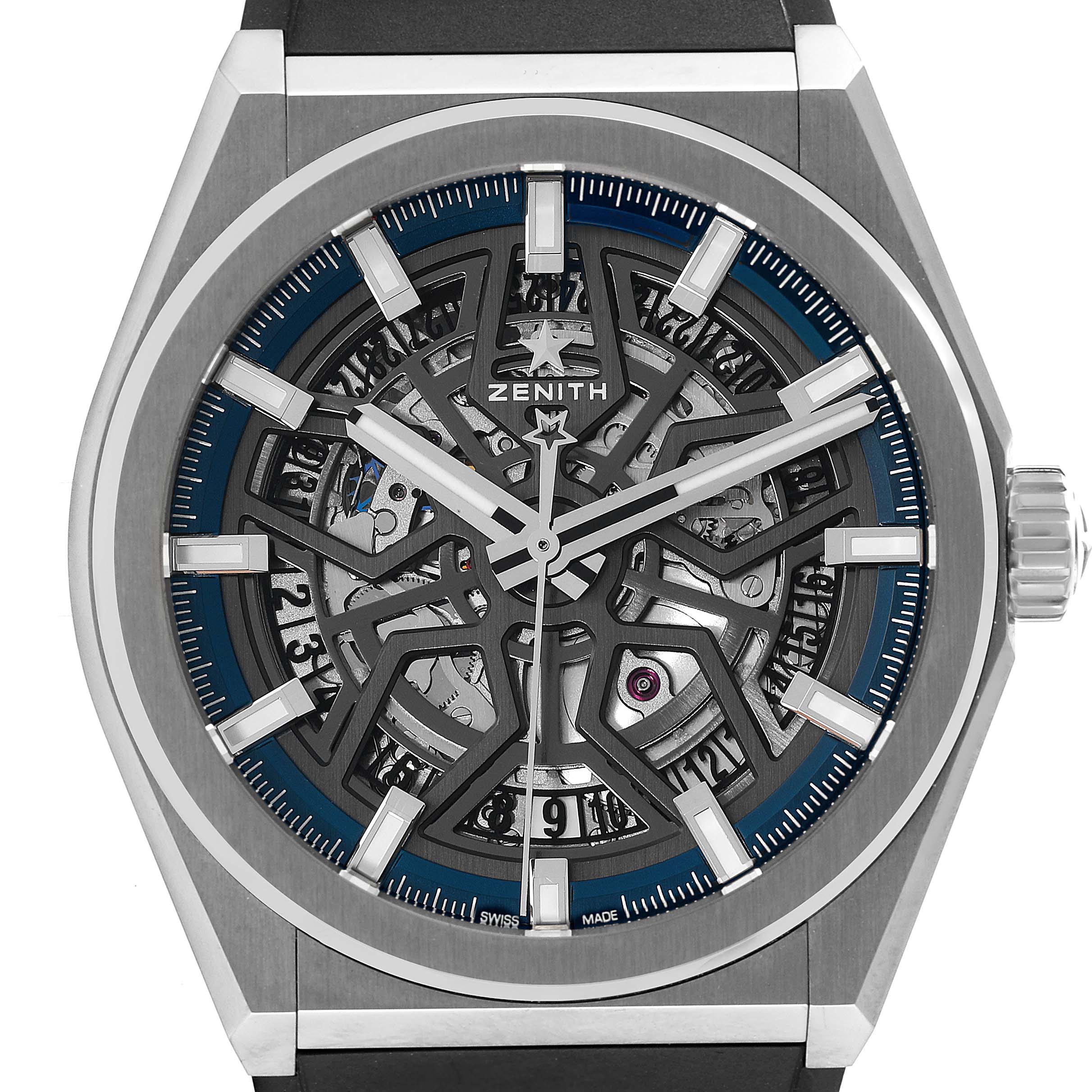 Front view showing the dial, hands, bezel, and parts of the bracelet of the Zenith Defy 95.9000.670/78.R782 Men's Titanium Grey Dial 95.9000.670/78.R782 Men's Titanium Grey Dial watch.