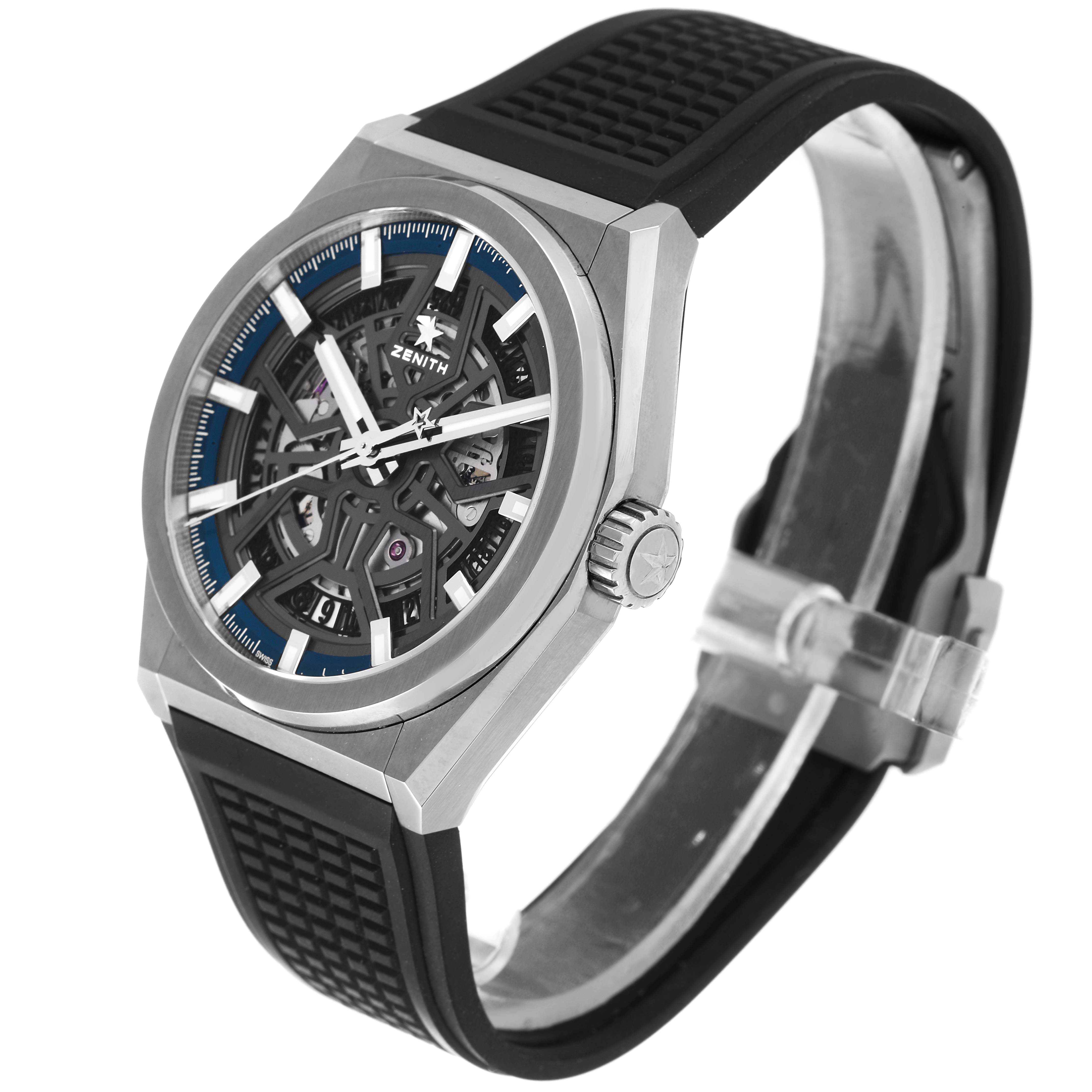 The Zenith Defy 95.9000.670/78.R782 Men's Titanium Grey Dial 95.9000.670/78.R782 Men's Titanium Grey Dial model watch is shown at a three-quarter angle, featuring the dial, case, crown, and part of the strap.