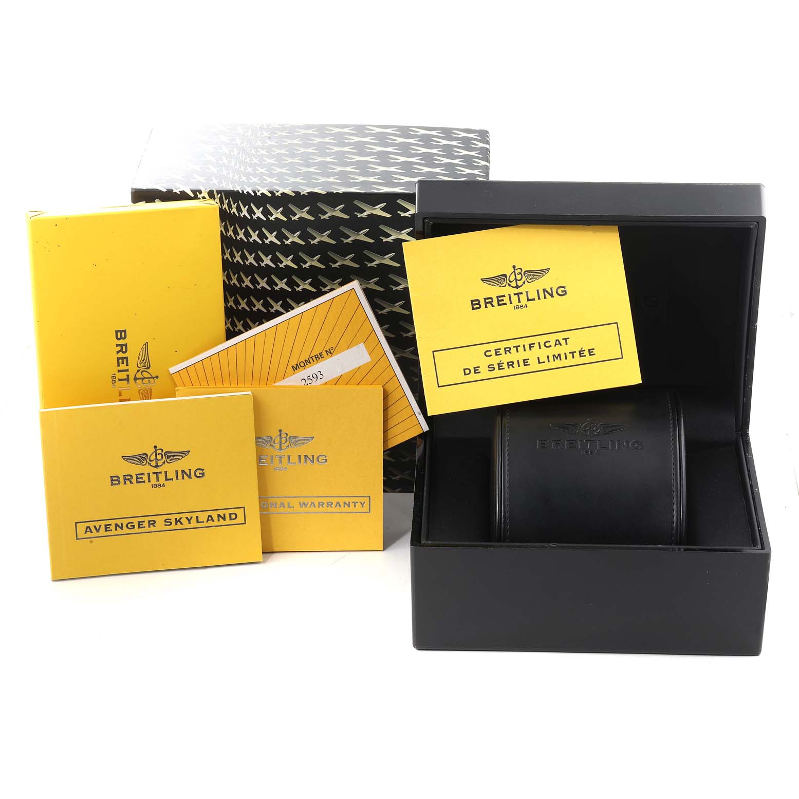 The image shows Breitling Avenger A13381 Men's Stainless Steel Black Dial A13381 Men's Stainless Steel Black Dial watch packaging, including the box, warranty, and a limited series certificate.