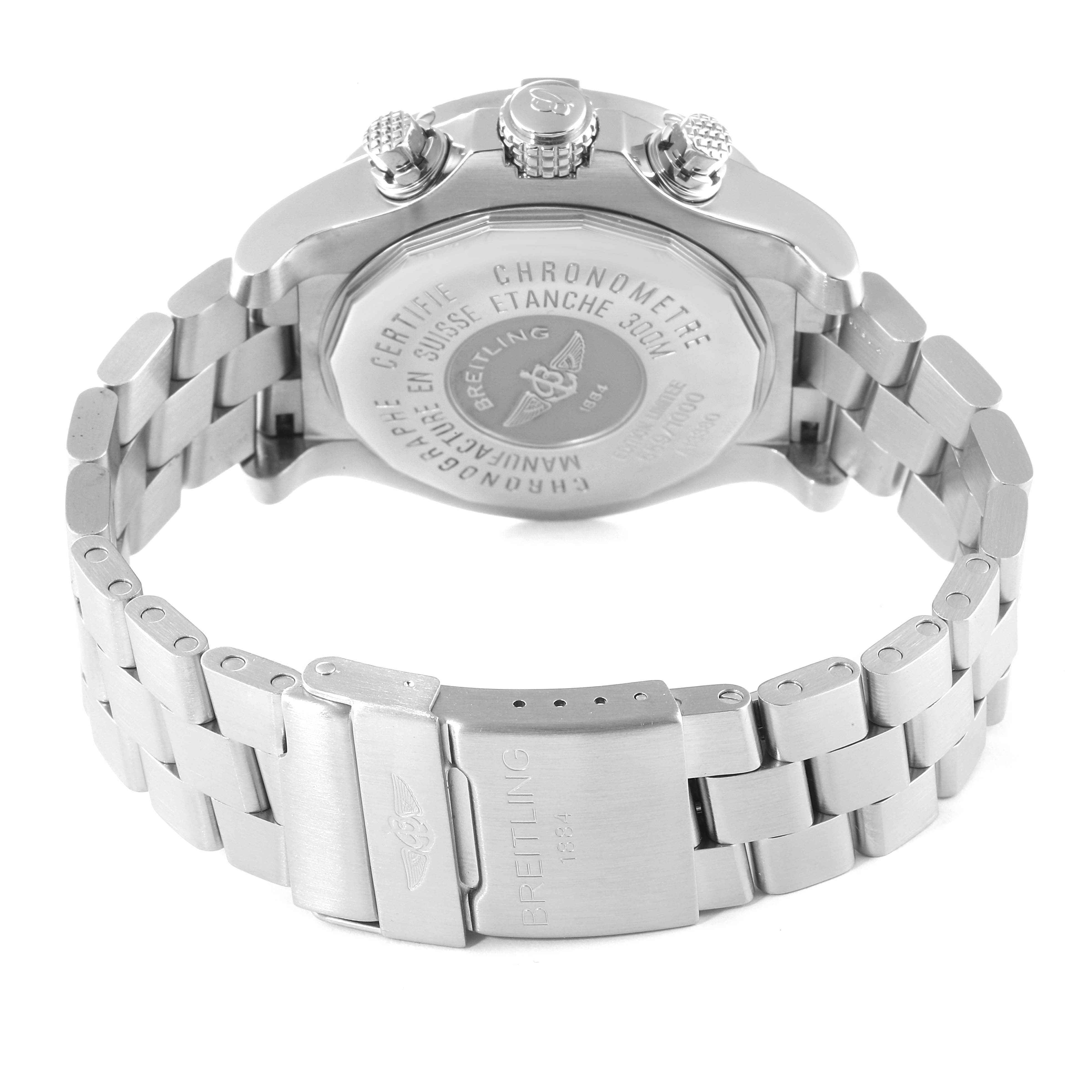 The image shows the back case, crown, and bracelet clasp of a Breitling Avenger A13381 Men's Stainless Steel Black Dial A13381 Men's Stainless Steel Black Dial watch from a rear angle.