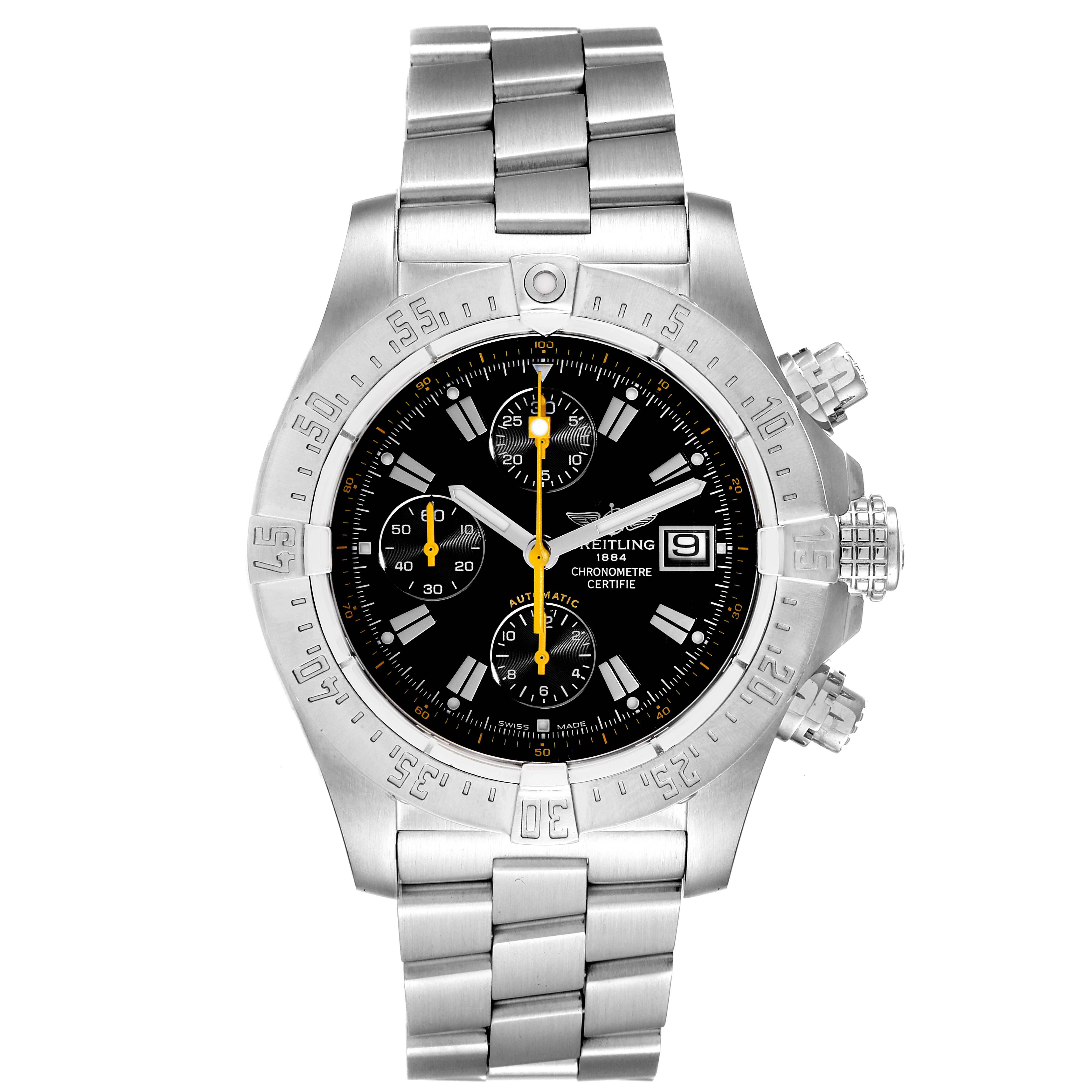 The image shows the front view of a Breitling Avenger A13381 Men's Stainless Steel Black Dial A13381 Men's Stainless Steel Black Dial watch, highlighting the dial, bezel, and bracelet.