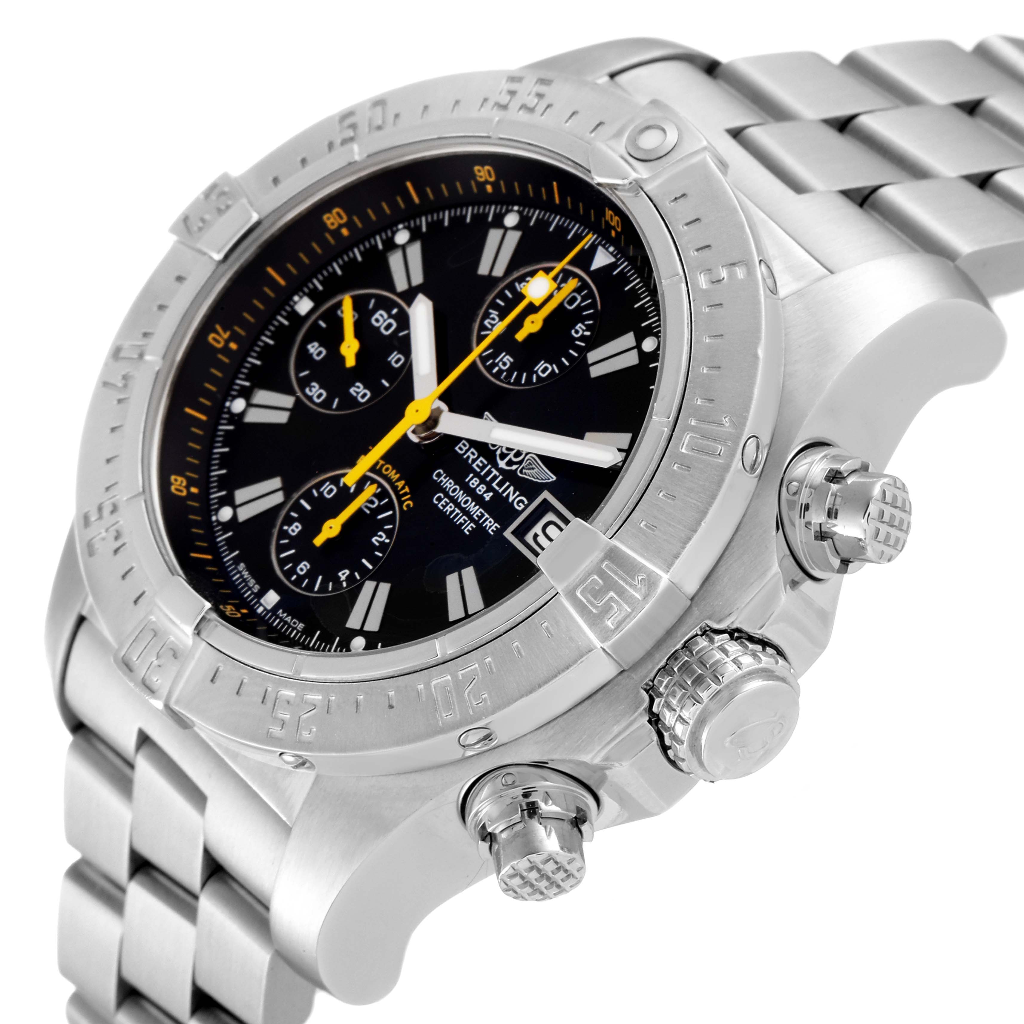 The image shows a close-up, angled view of the Breitling Avenger A13381 Men's Stainless Steel Black Dial A13381 Men's Stainless Steel Black Dial watch, highlighting its bezel, dial, chronograph, and bracelet.