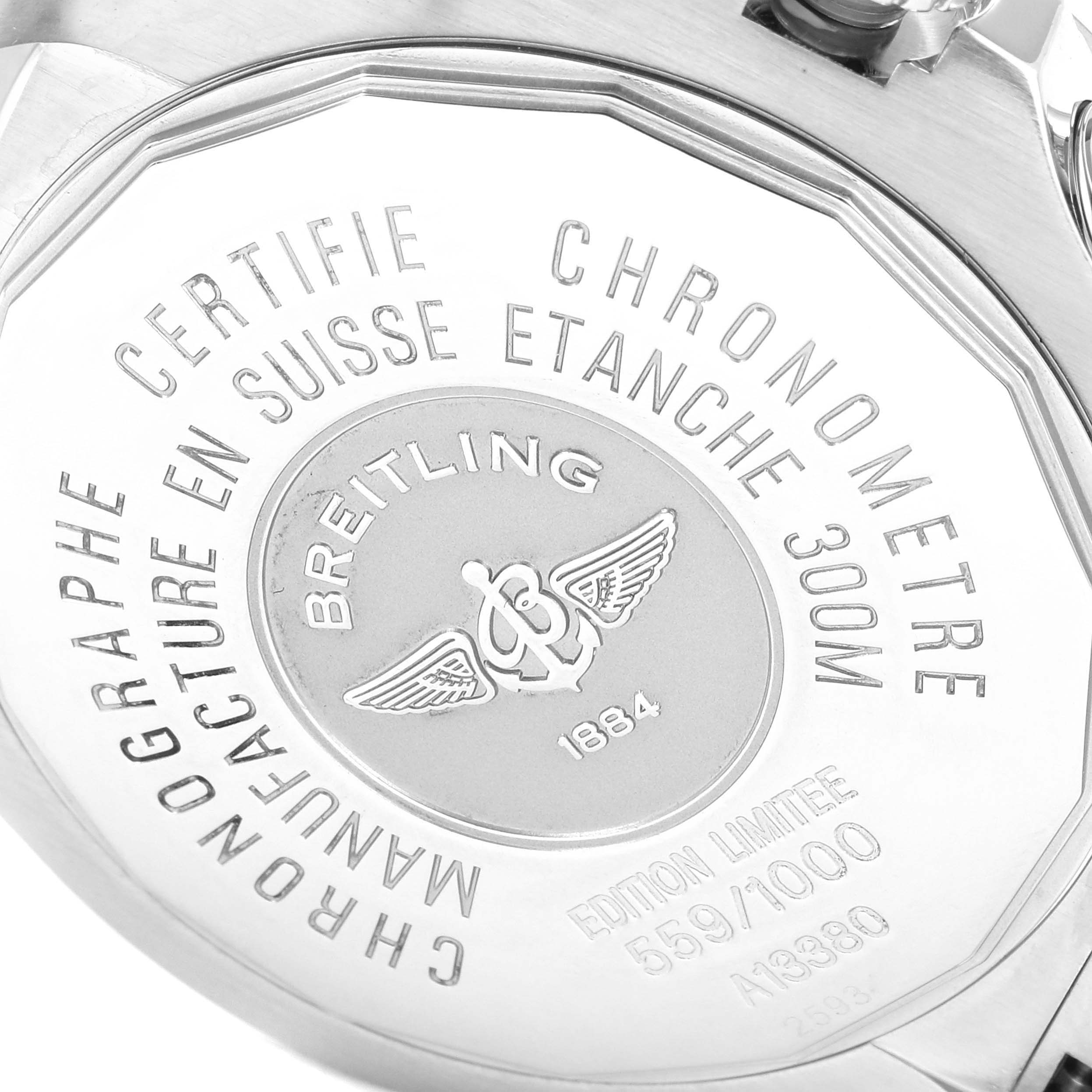 The image shows the case back of a Breitling Avenger A13381 Men's Stainless Steel Black Dial A13381 Men's Stainless Steel Black Dial watch, displaying its engravings and specifications.