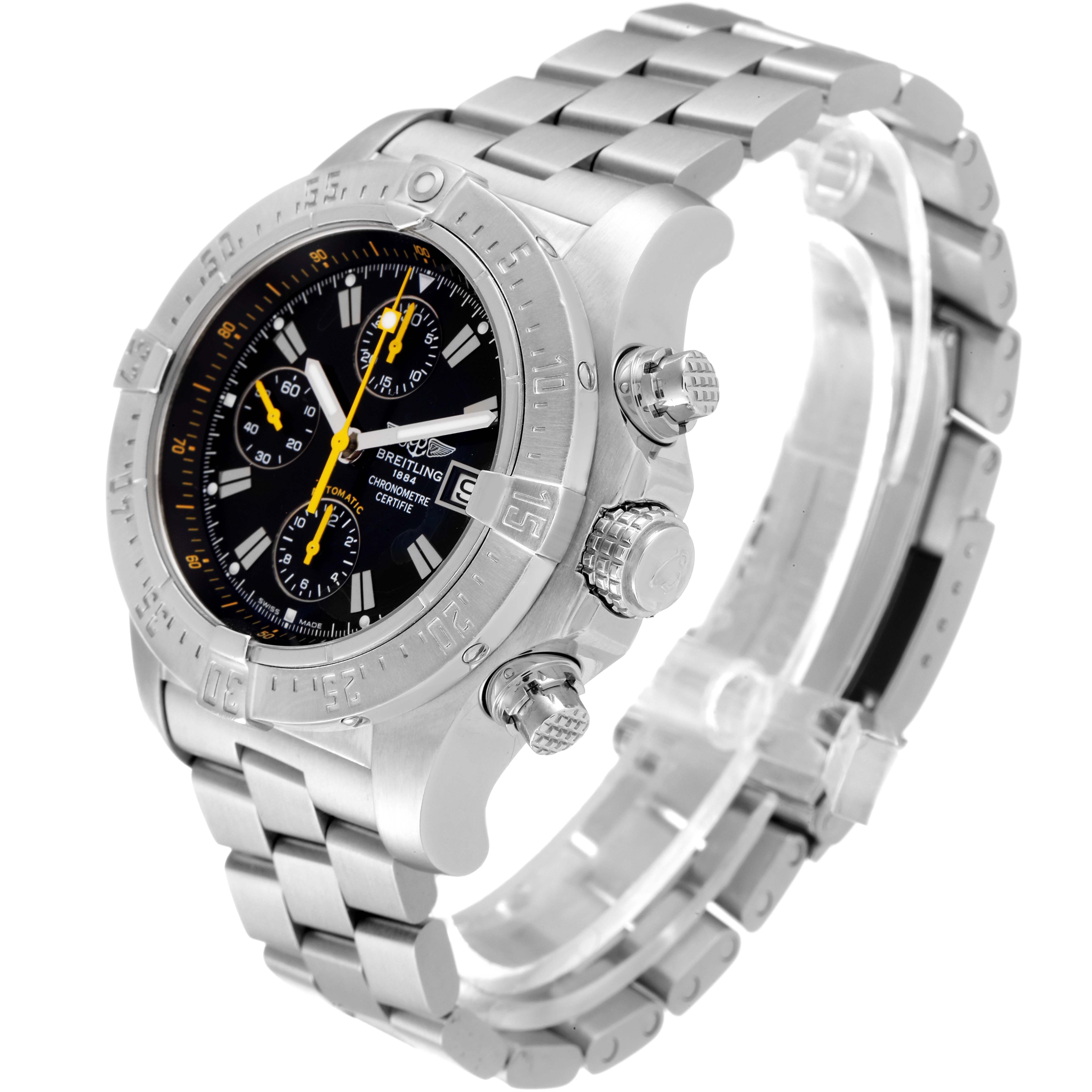 The Breitling Avenger A13381 Men's Stainless Steel Black Dial A13381 Men's Stainless Steel Black Dial watch is shown at an angled side view, highlighting its dial, bezel, crown, and bracelet.