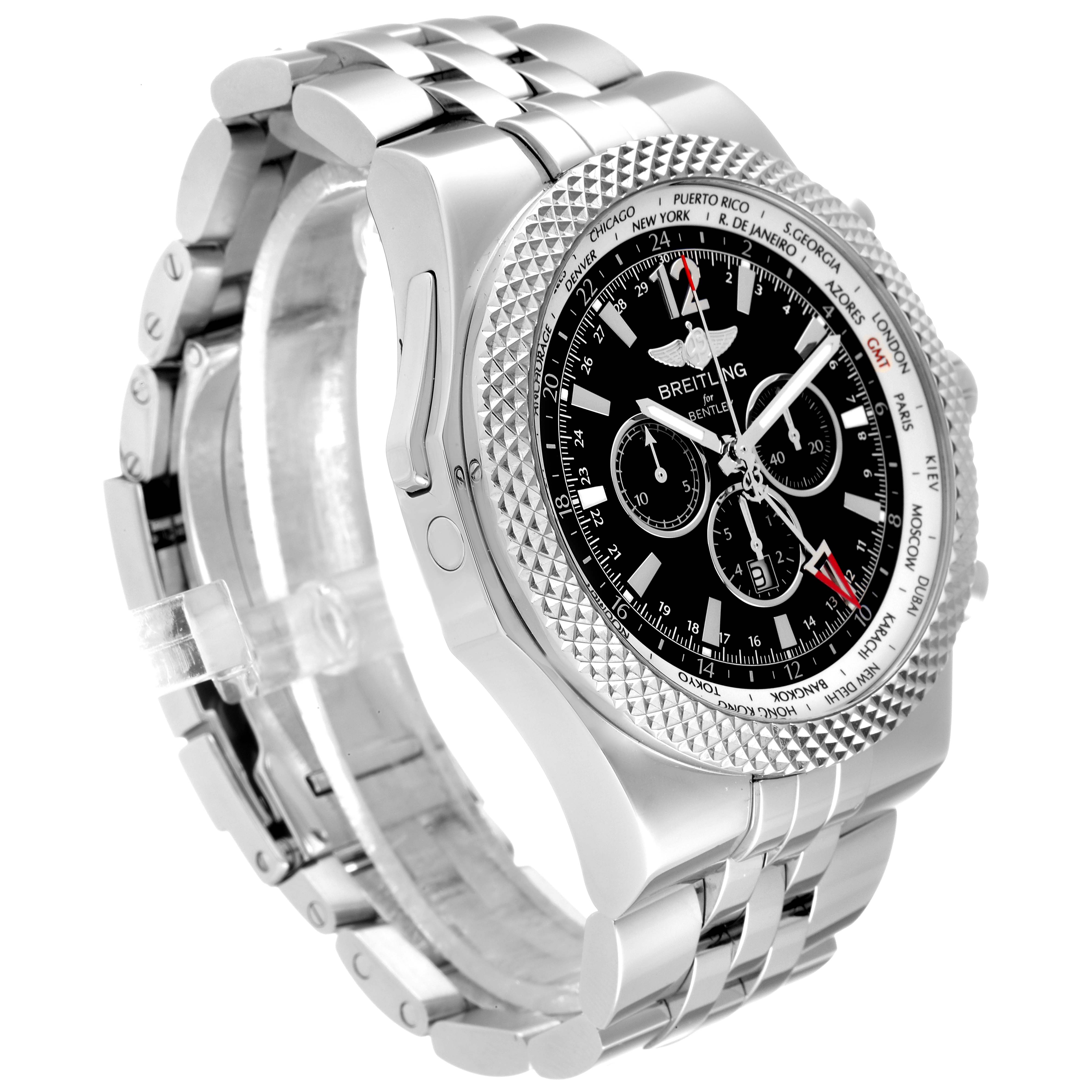 The image shows a Bentley model by Breitling from a front-side angle, displaying its dial, bezel, and stainless steel bracelet.