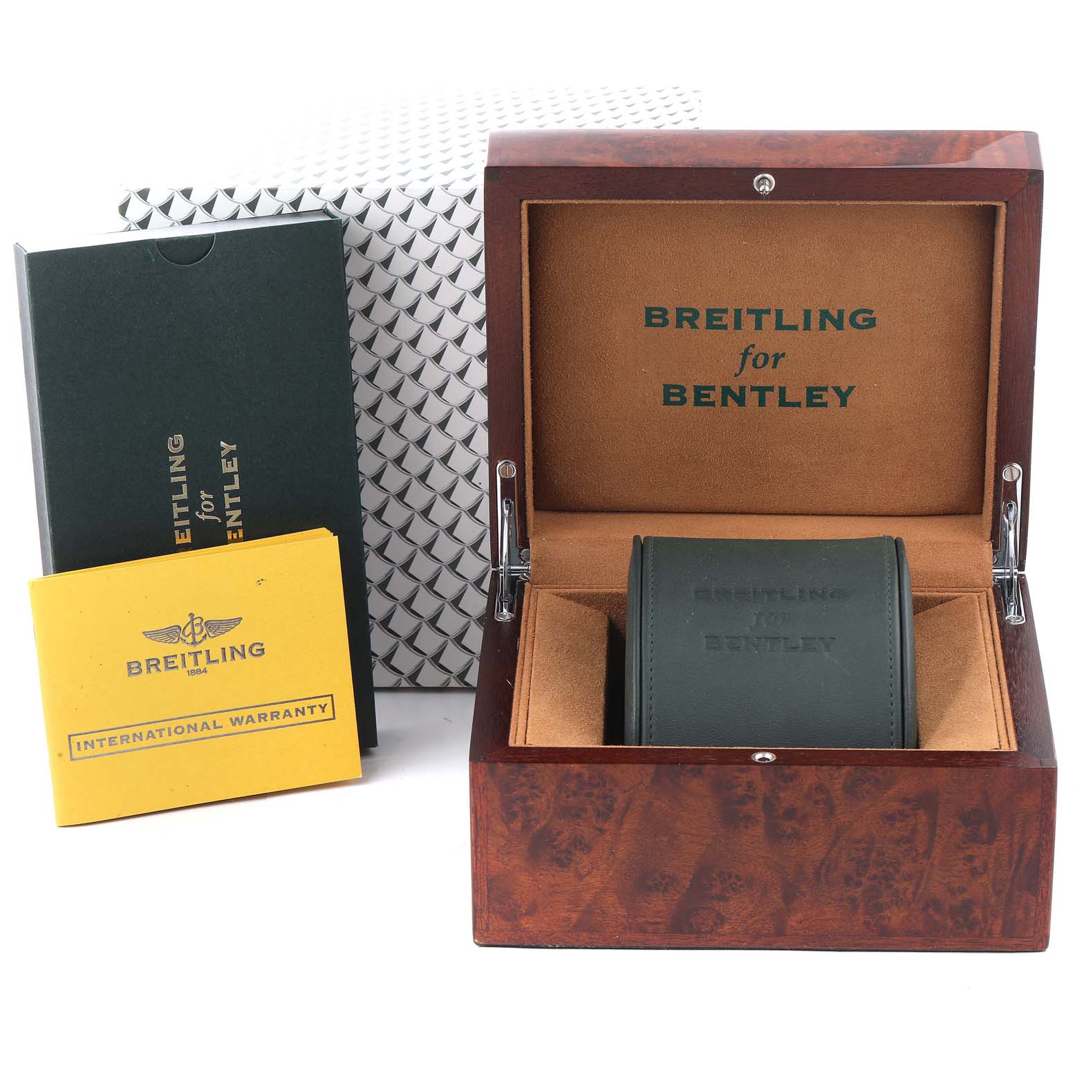 The image shows the packaging and accessories for the Breitling Bentley A47362 Men's Stainless Steel Black Dial A47362 Men's Stainless Steel Black Dial model, including a box and warranty cards.
