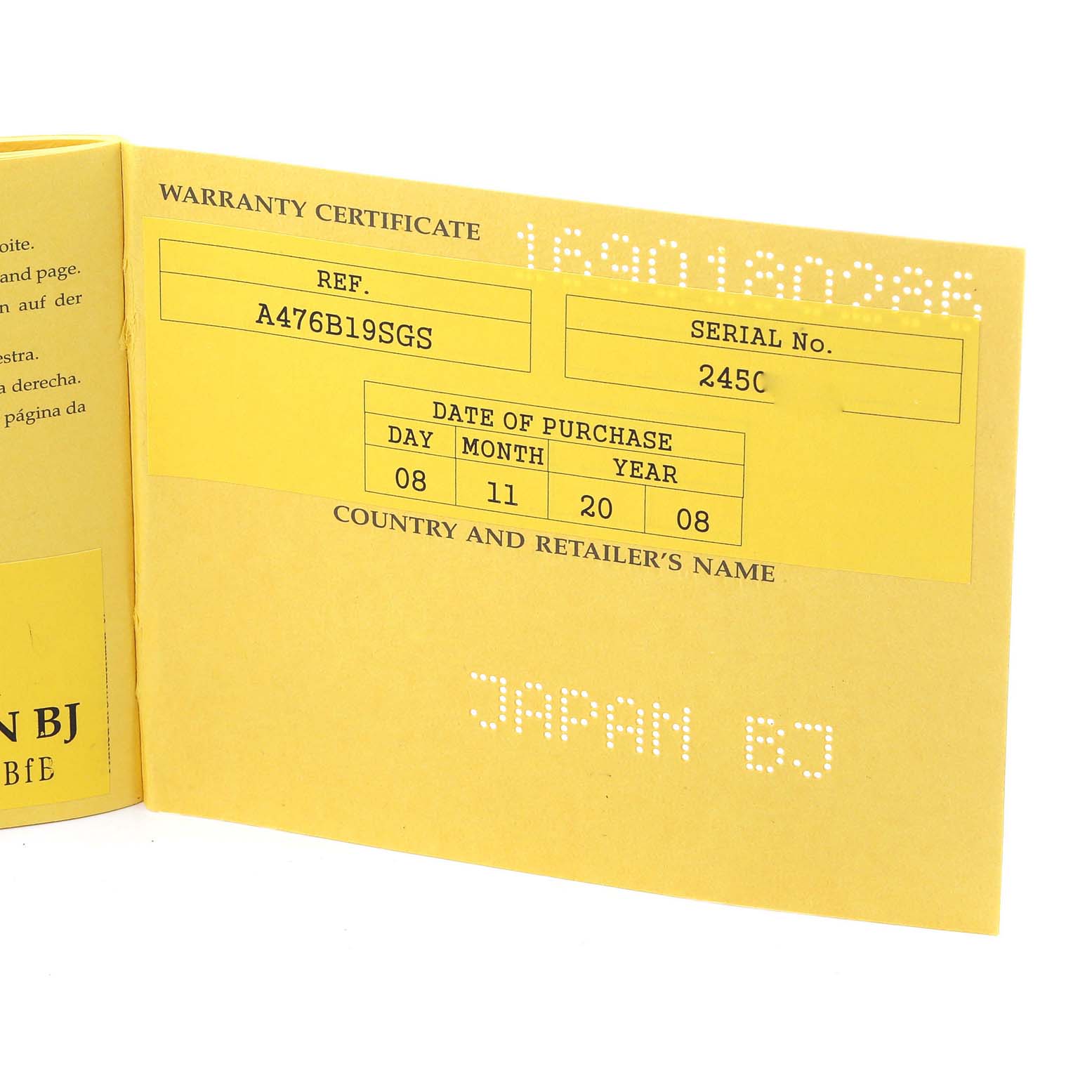 The image shows the warranty certificate for a Breitling Bentley A47362 Men's Stainless Steel Black Dial A47362 Men's Stainless Steel Black Dial watch, displaying the reference number, serial number, and the date of purchase.