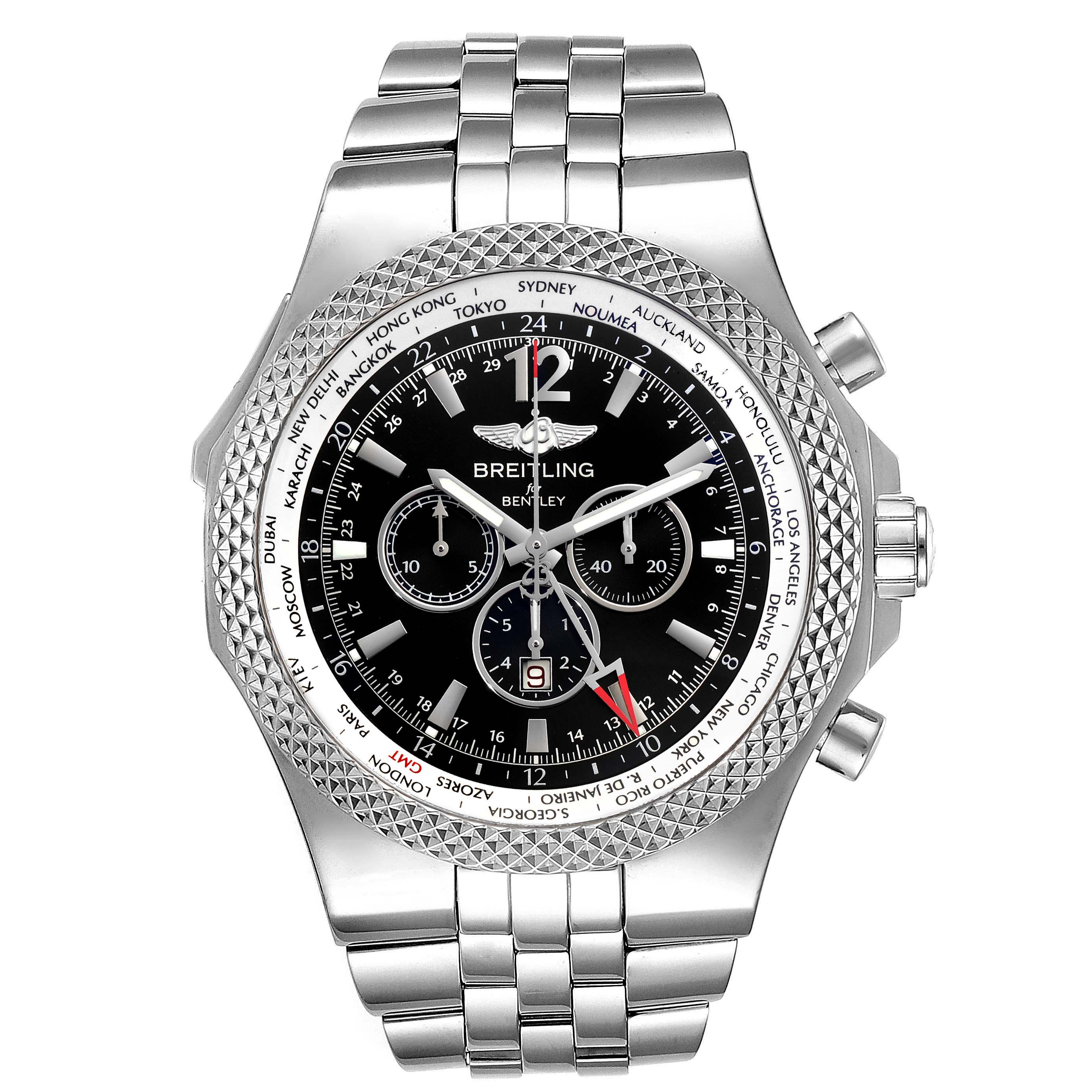 This image shows a front view of a Breitling Bentley A47362 Men's Stainless Steel Black Dial A47362 Men's Stainless Steel Black Dial watch, displaying its dial, bezel, and stainless steel bracelet.