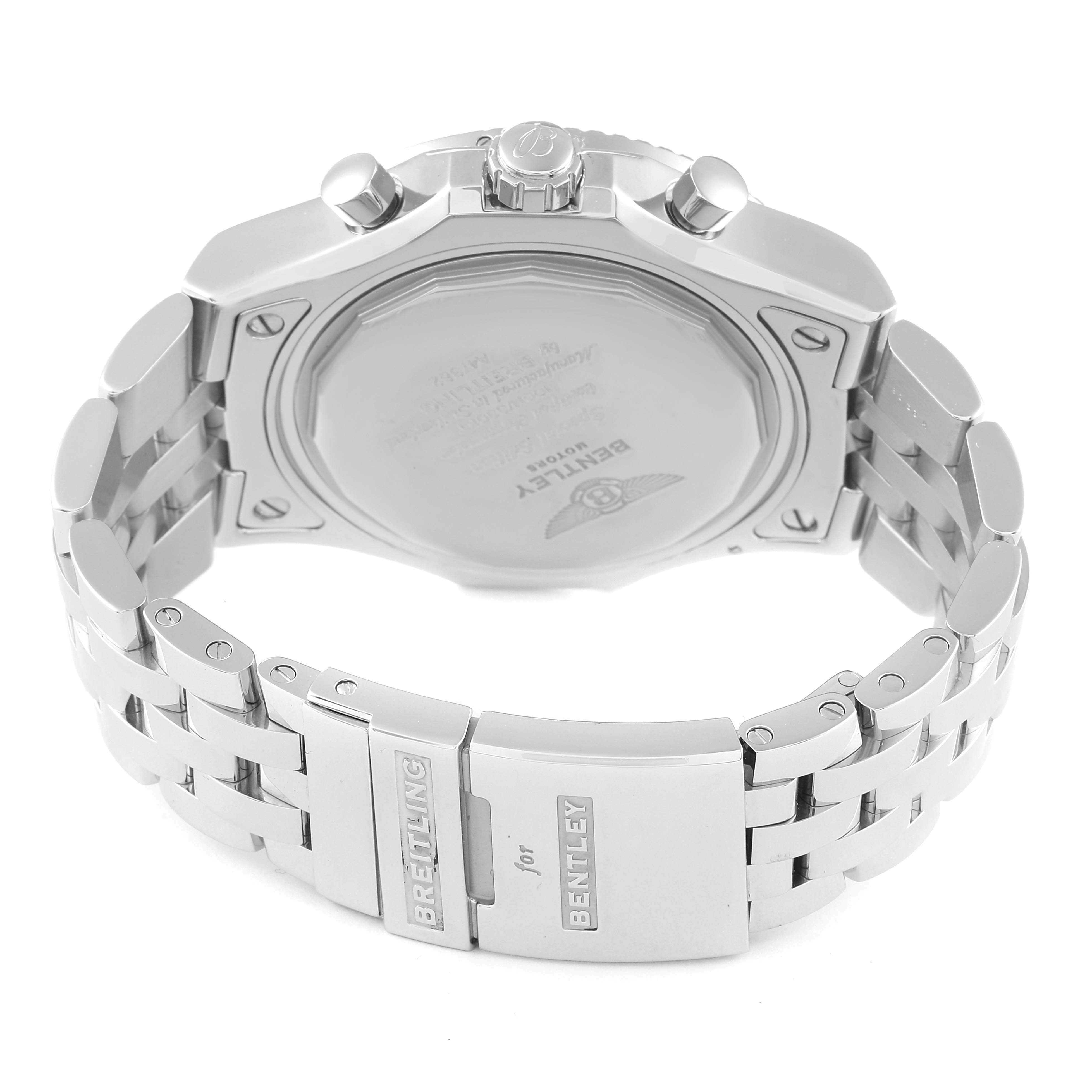 The image shows the back view of a Breitling Bentley A47362 Men's Stainless Steel Black Dial A47362 Men's Stainless Steel Black Dial watch, displaying the bracelet and clasp.