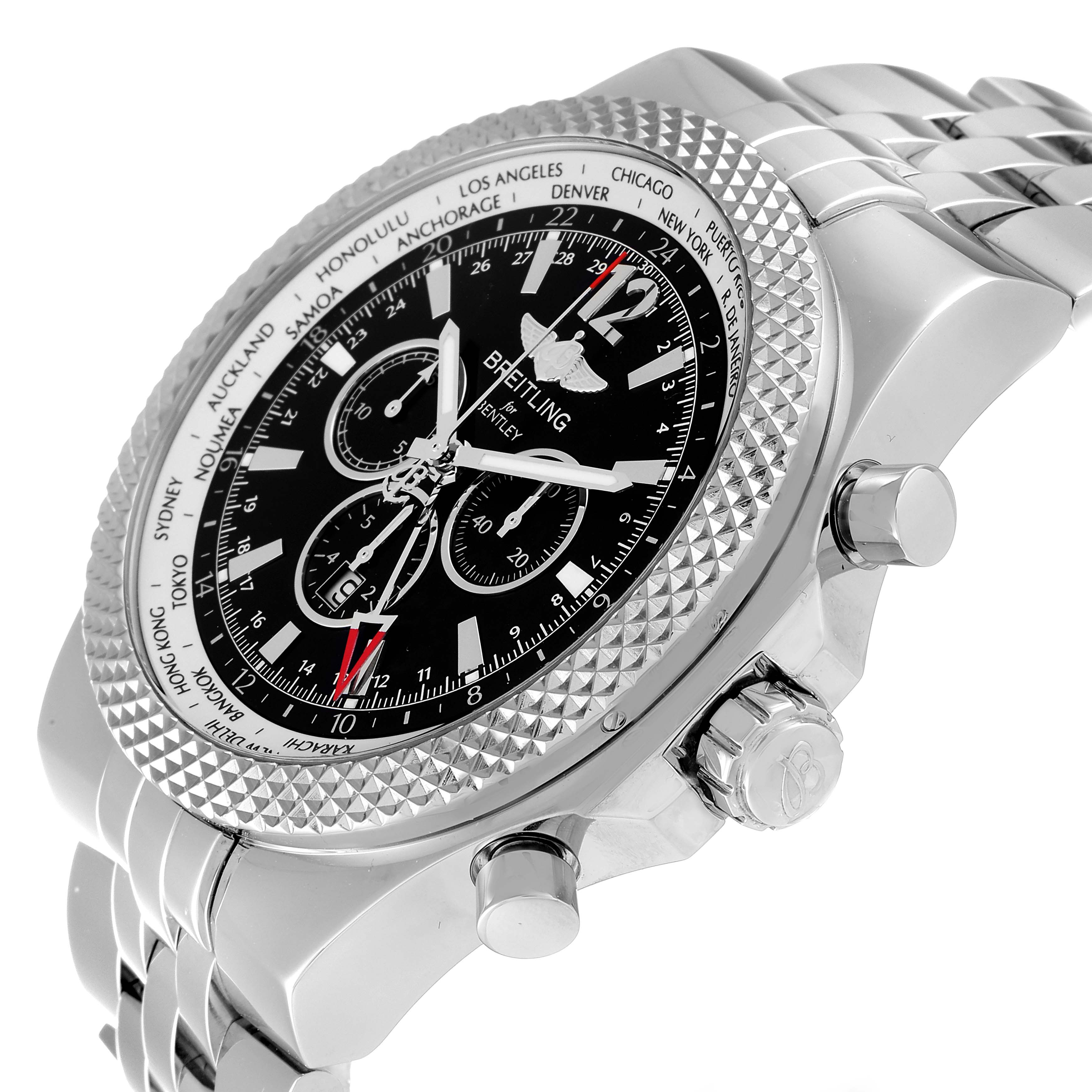 The Breitling Bentley A47362 Men's Stainless Steel Black Dial A47362 Men's Stainless Steel Black Dial watch is shown at a side angle, displaying its face, bezel, pushers, and part of the bracelet.