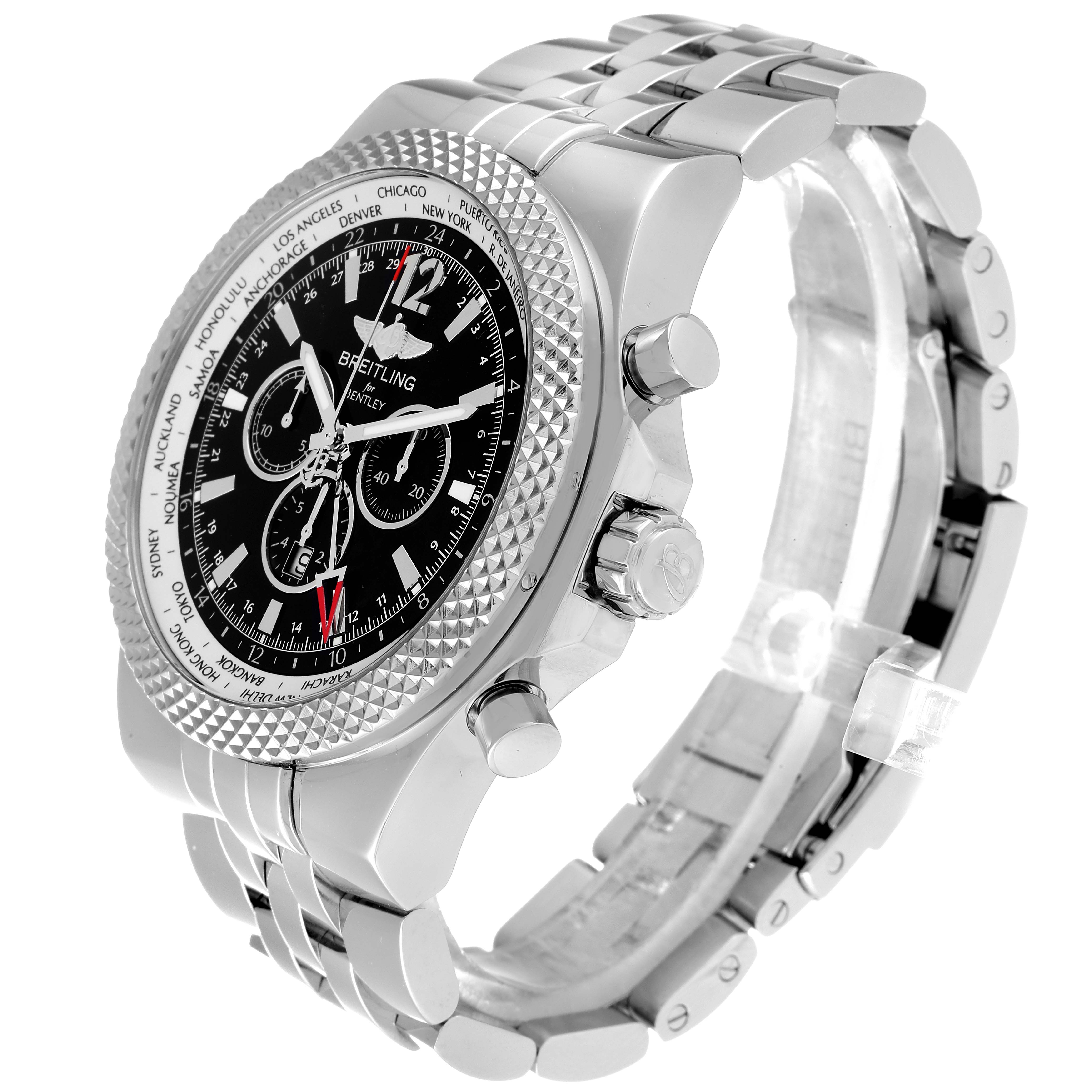 The image shows a side angle of the Breitling Bentley A47362 Men's Stainless Steel Black Dial A47362 Men's Stainless Steel Black Dial watch, featuring the dial, bezel, crown, pushers, and part of the bracelet.