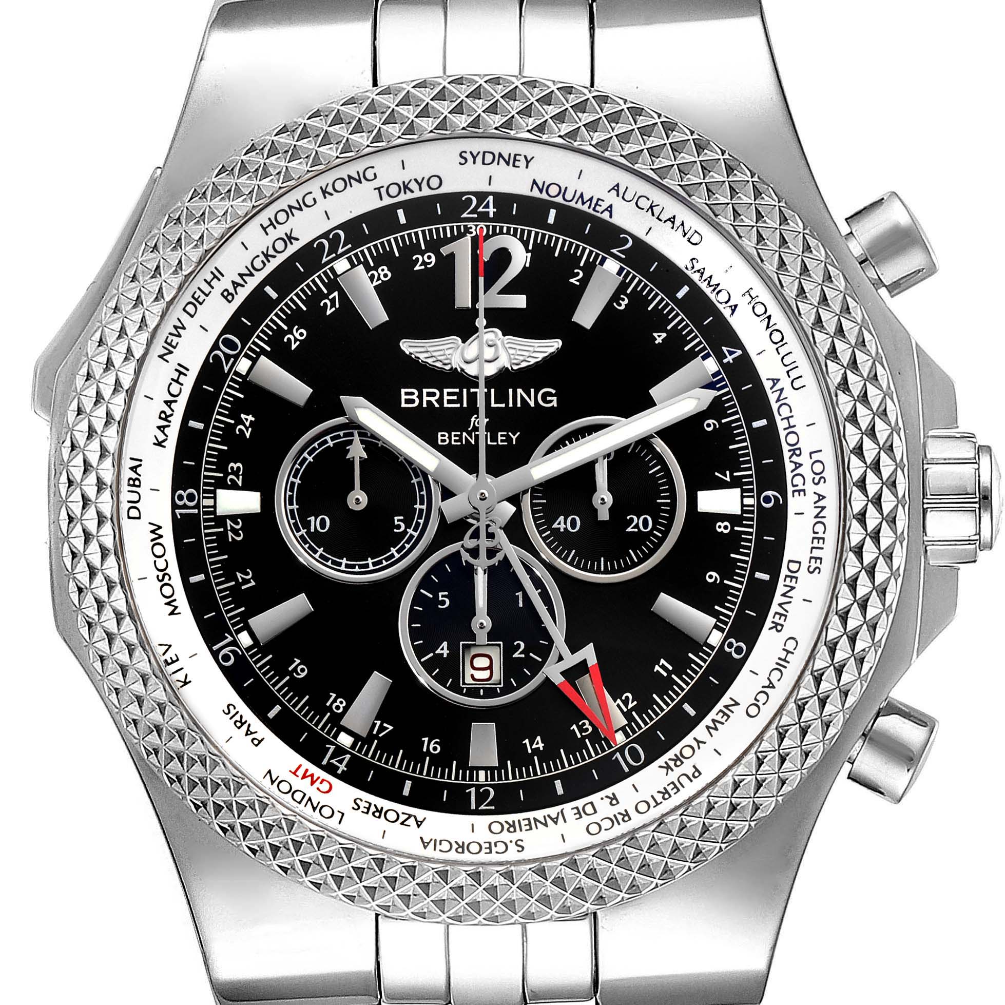 The image shows a Breitling Bentley A47362 Men's Stainless Steel Black Dial A47362 Men's Stainless Steel Black Dial model watch from a front angle, highlighting the bezel, dial, hands, and subdials.