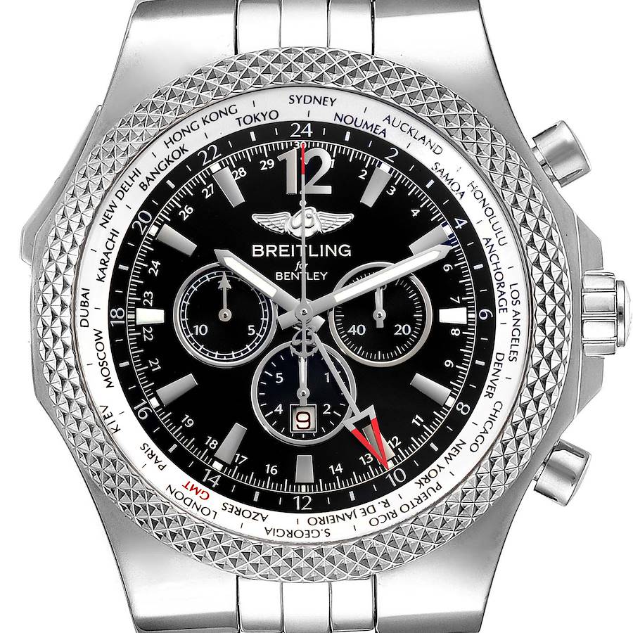 Breitling Bentley GMT Black Dial Chronograph Steel Watch A47362 Box Papers SwissWatchExpo