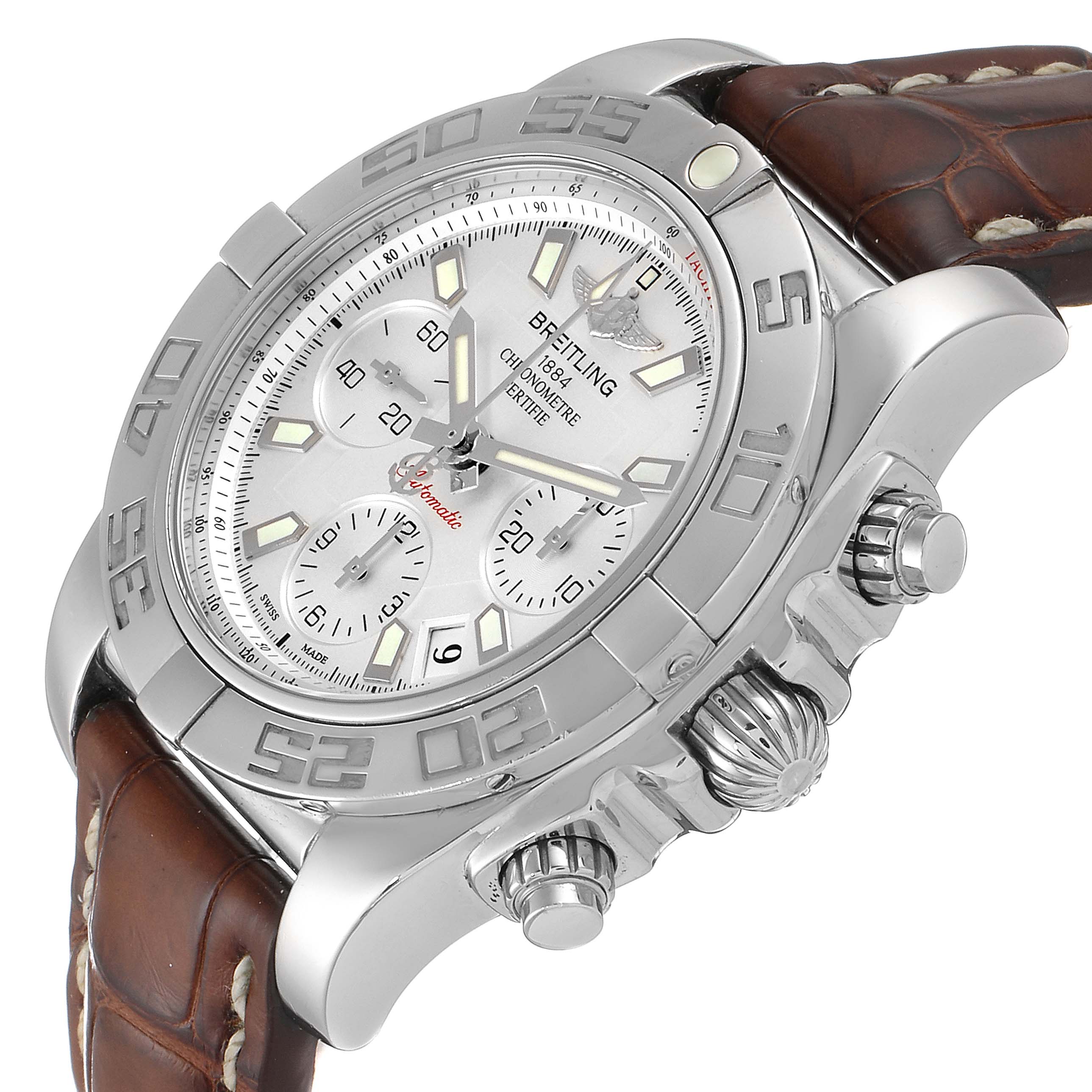 The Breitling Chronomat AB0140 Men's Stainless Steel Silver Dial AB0140 Men's Stainless Steel Silver Dial watch is shown at a slight side angle, highlighting the bezel, crown, pushers, and leather strap.