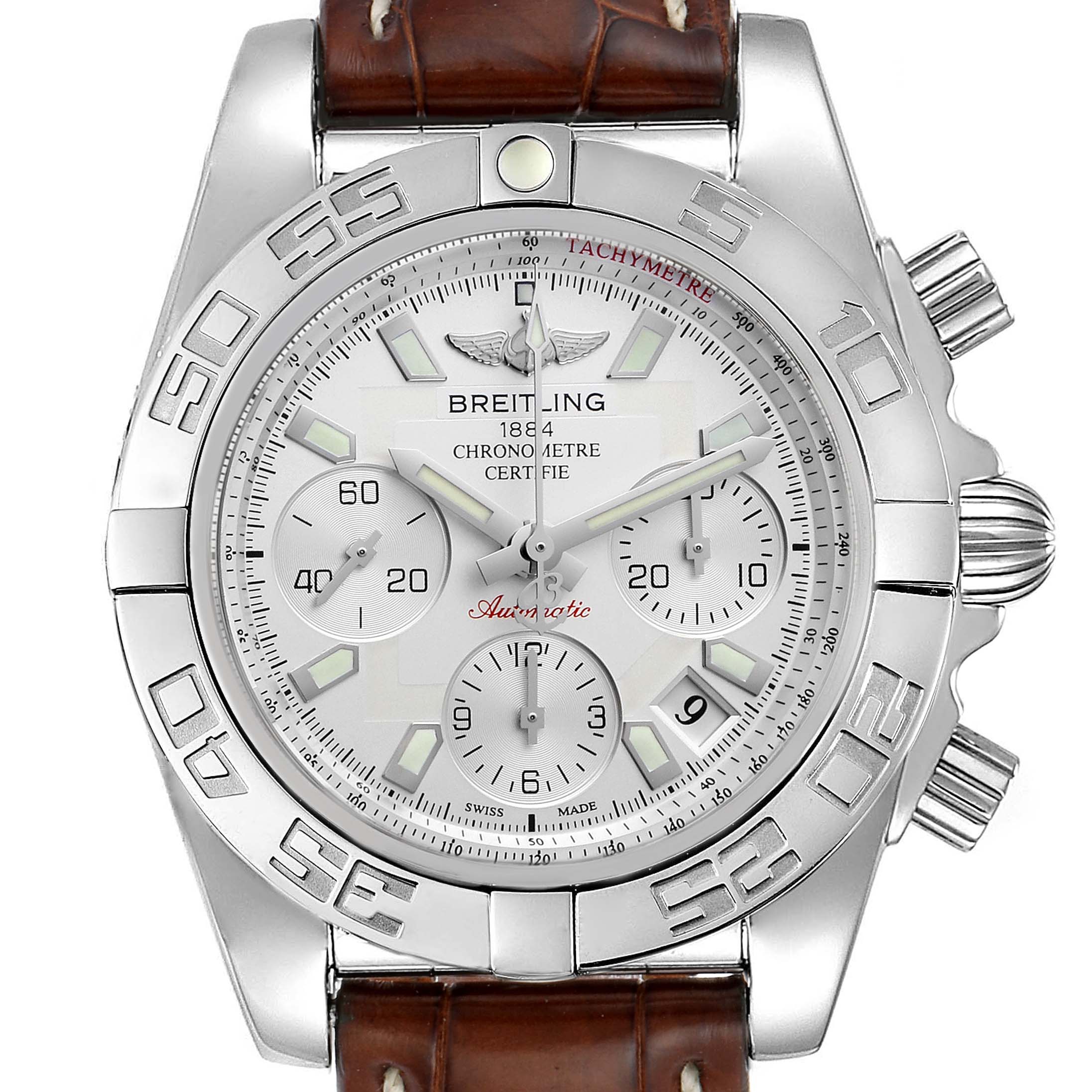 This Breitling Chronomat AB0140 Men's Stainless Steel Silver Dial AB0140 Men's Stainless Steel Silver Dial watch is shown from a front angle, displaying the dial, bezel, subdials, and leather strap.