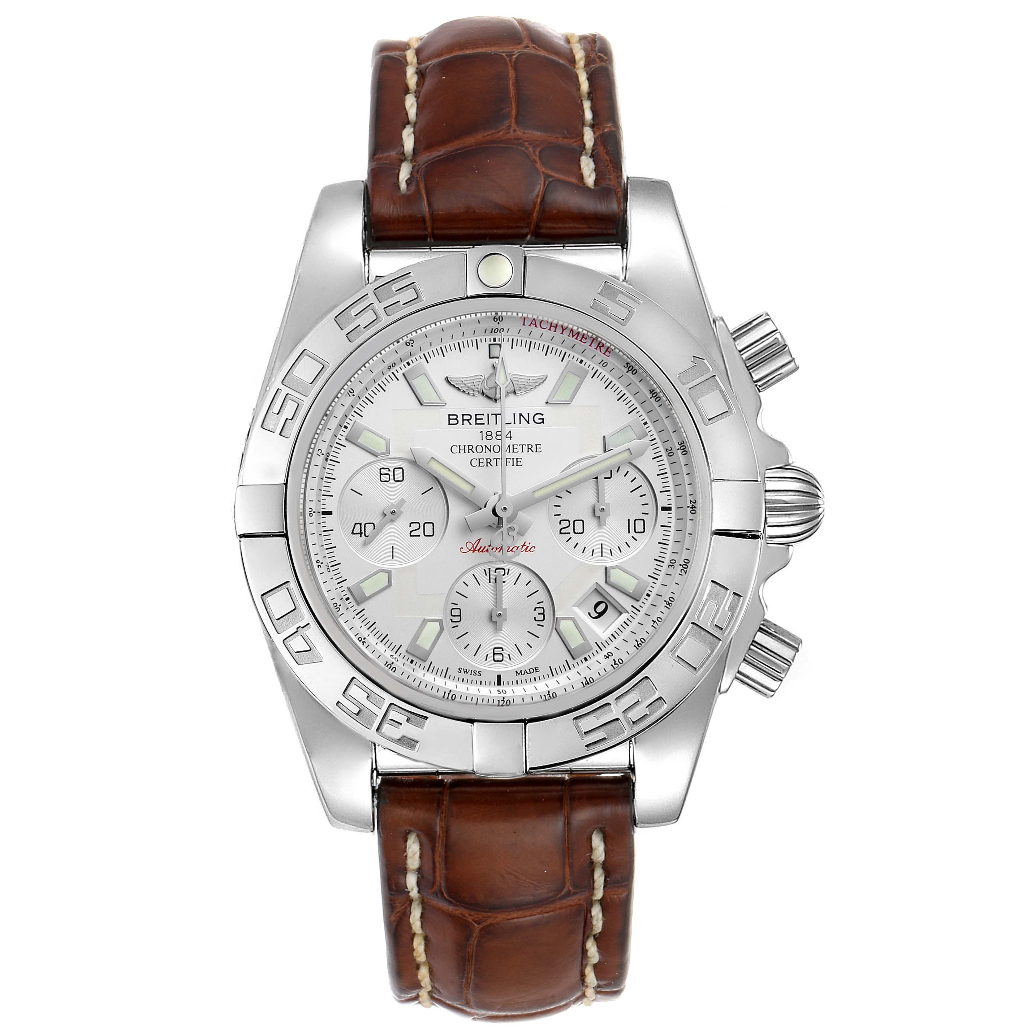 The Breitling Chronomat AB0140 Men's Stainless Steel Silver Dial AB0140 Men's Stainless Steel Silver Dial watch is shown from a frontal angle, displaying its dial, bezel, and leather strap.