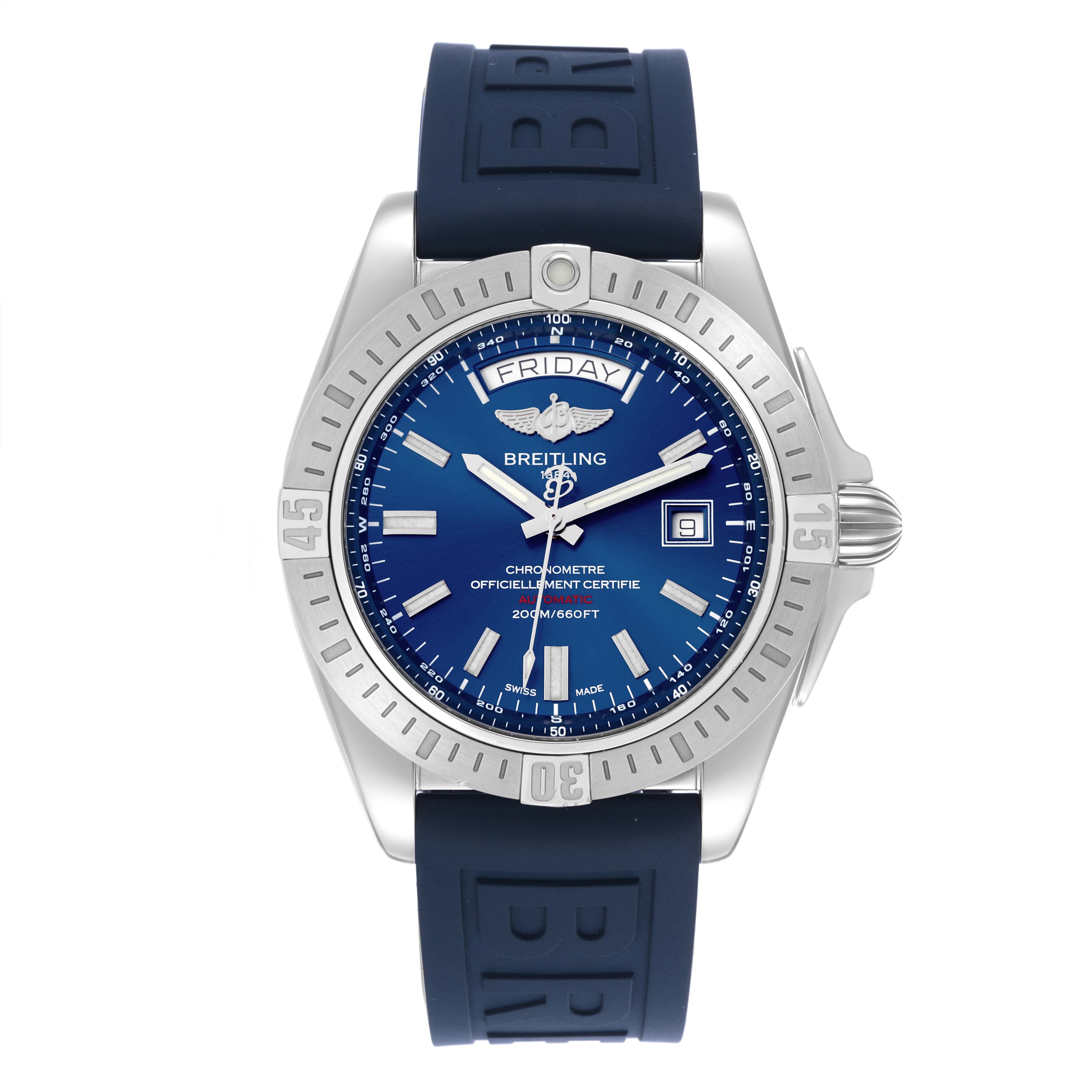 The Breitling Galactic A45320 Men's Stainless Steel Blue Dial A45320 Men's Stainless Steel Blue Dial watch is shown from the front, highlighting the dial, bezel, and rubber strap.