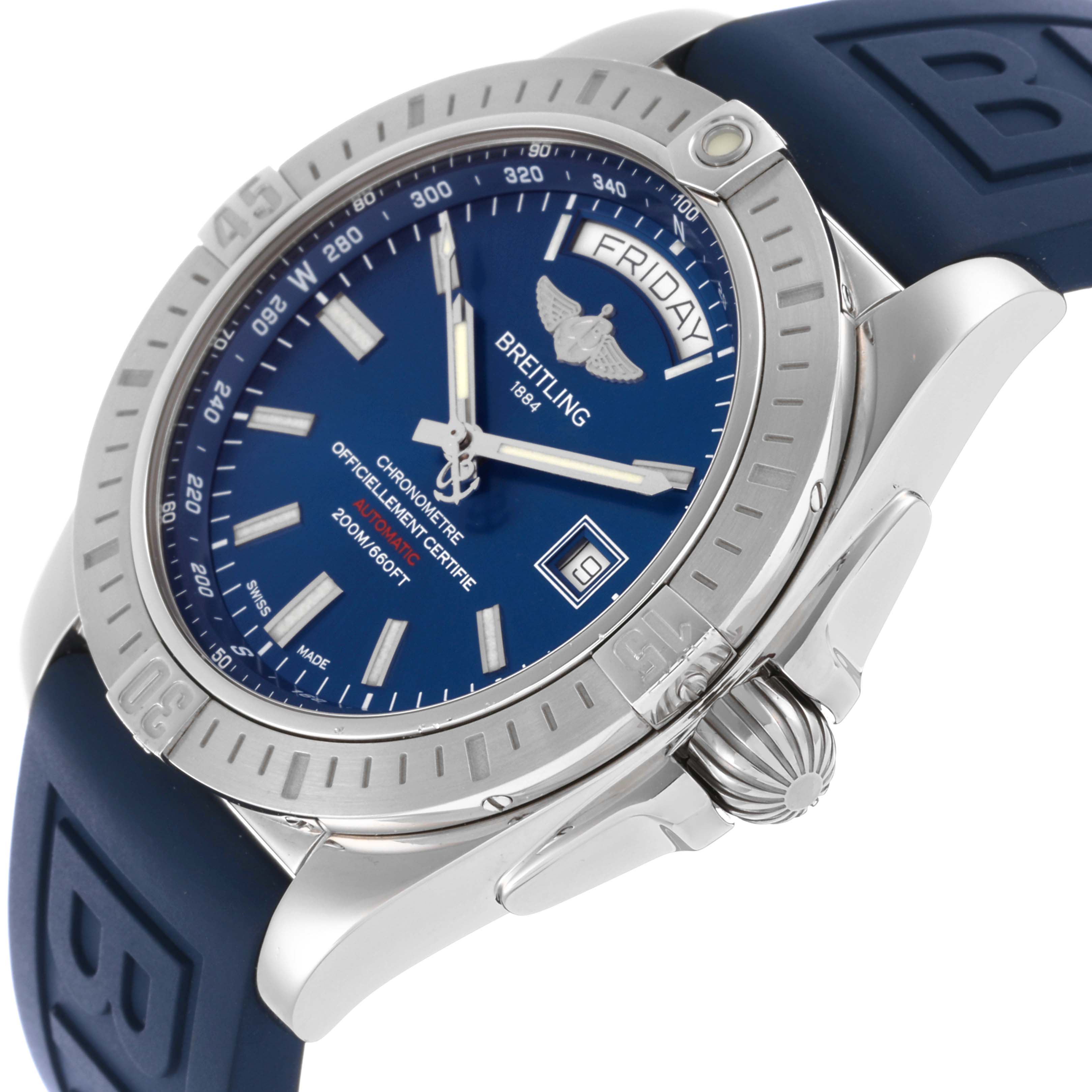 The Breitling Galactic A45320 Men's Stainless Steel Blue Dial A45320 Men's Stainless Steel Blue Dial watch is shown at an angle displaying the bezel, crown, blue dial, and part of the rubber strap.