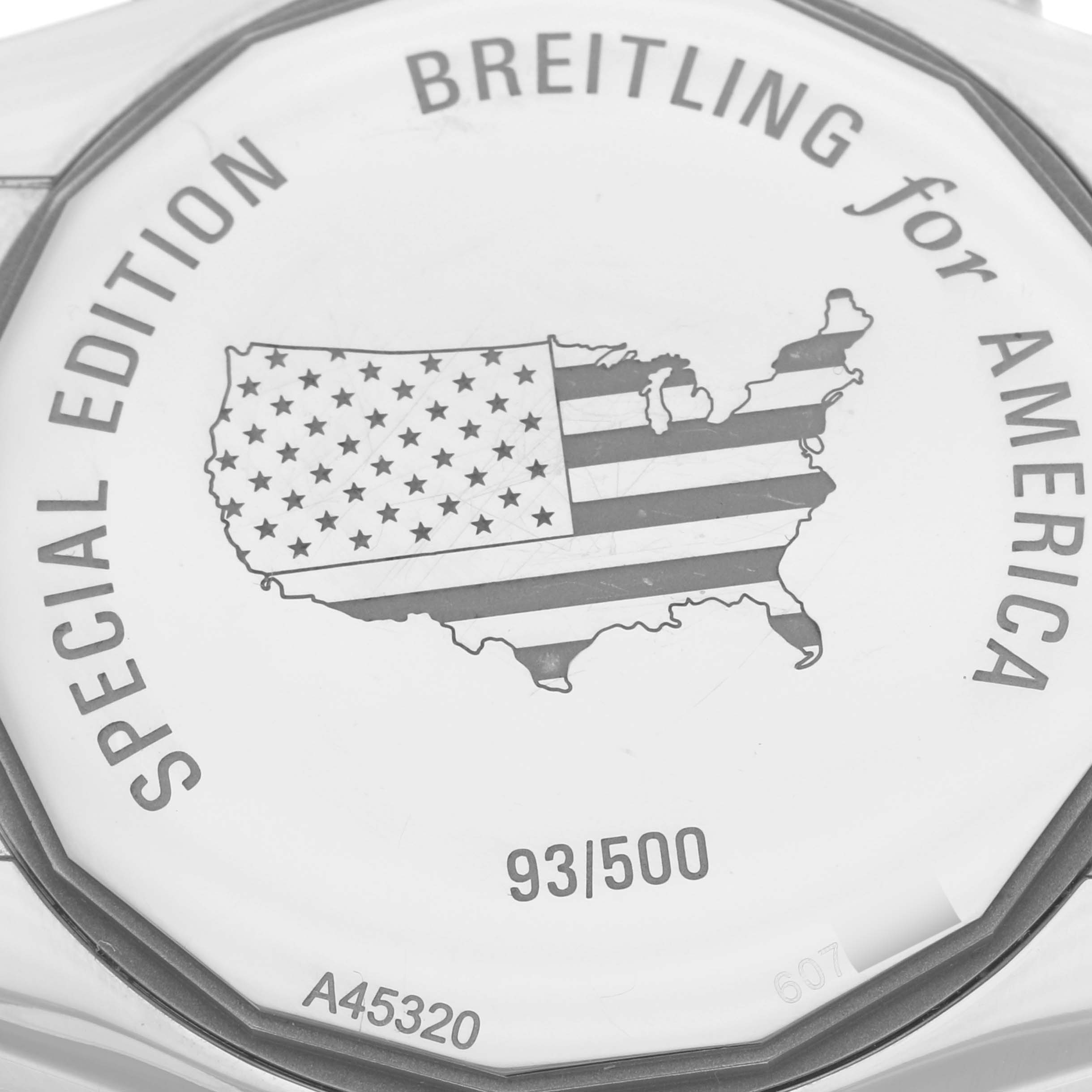 The image shows the back of a Breitling Galactic A45320 Men's Stainless Steel Blue Dial A45320 Men's Stainless Steel Blue Dial watch, featuring an engraved map of the USA and edition details.