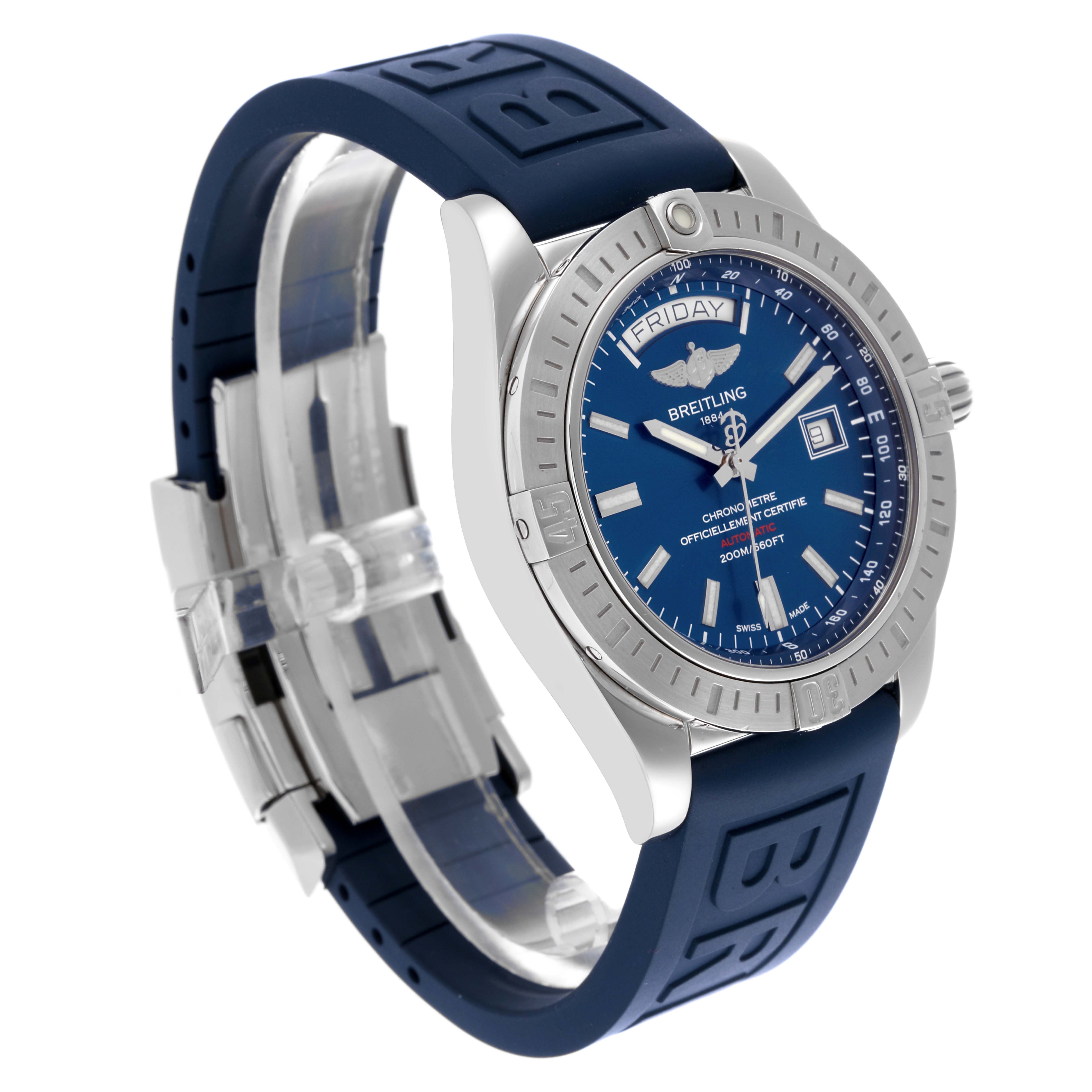 The Breitling Galactic A45320 Men's Stainless Steel Blue Dial A45320 Men's Stainless Steel Blue Dial watch is shown at an angled side view, highlighting its blue dial and rubber strap.