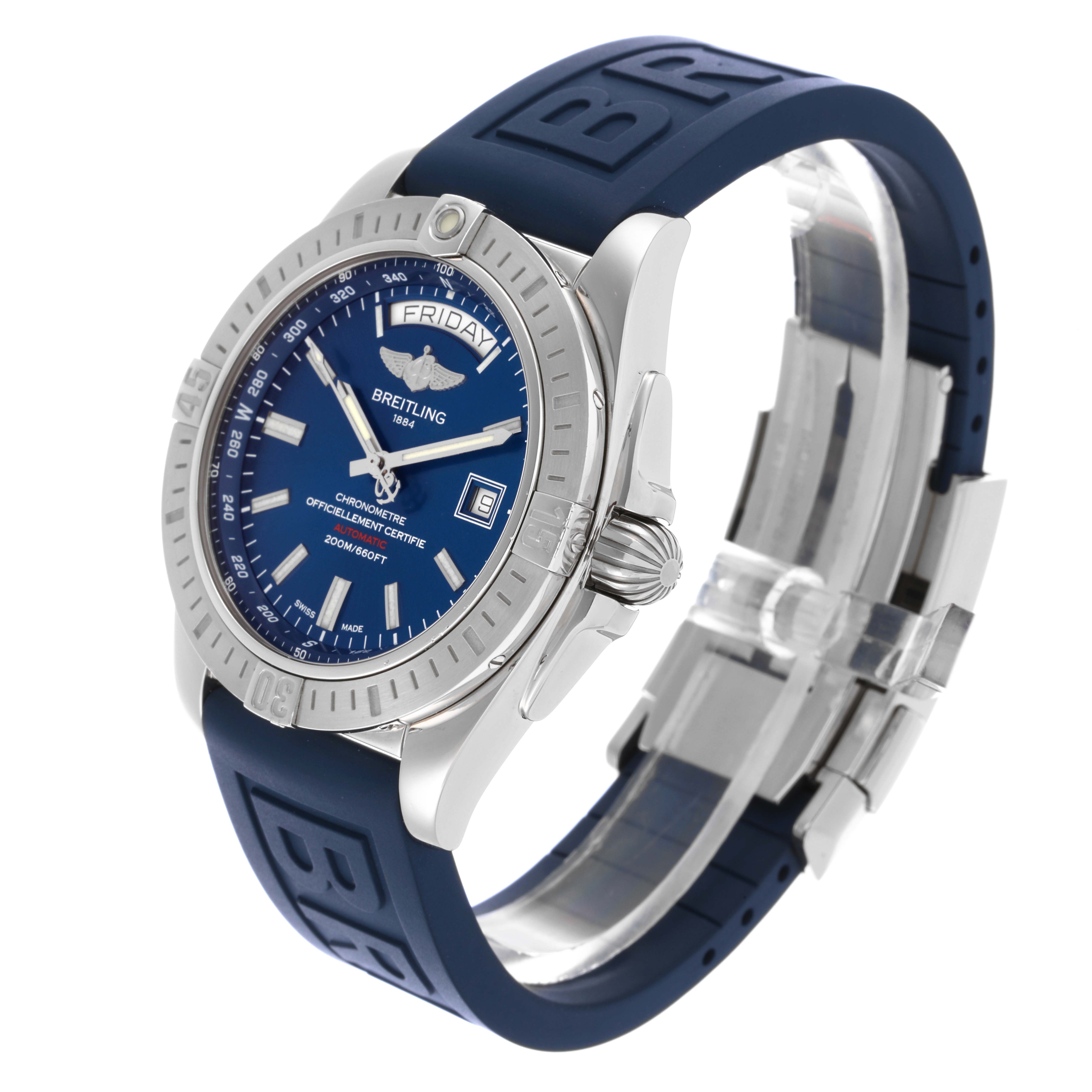 The Breitling Galactic A45320 Men's Stainless Steel Blue Dial A45320 Men's Stainless Steel Blue Dial watch is shown at a three-quarter angle, highlighting the dial, bezel, crown, and rubber strap.