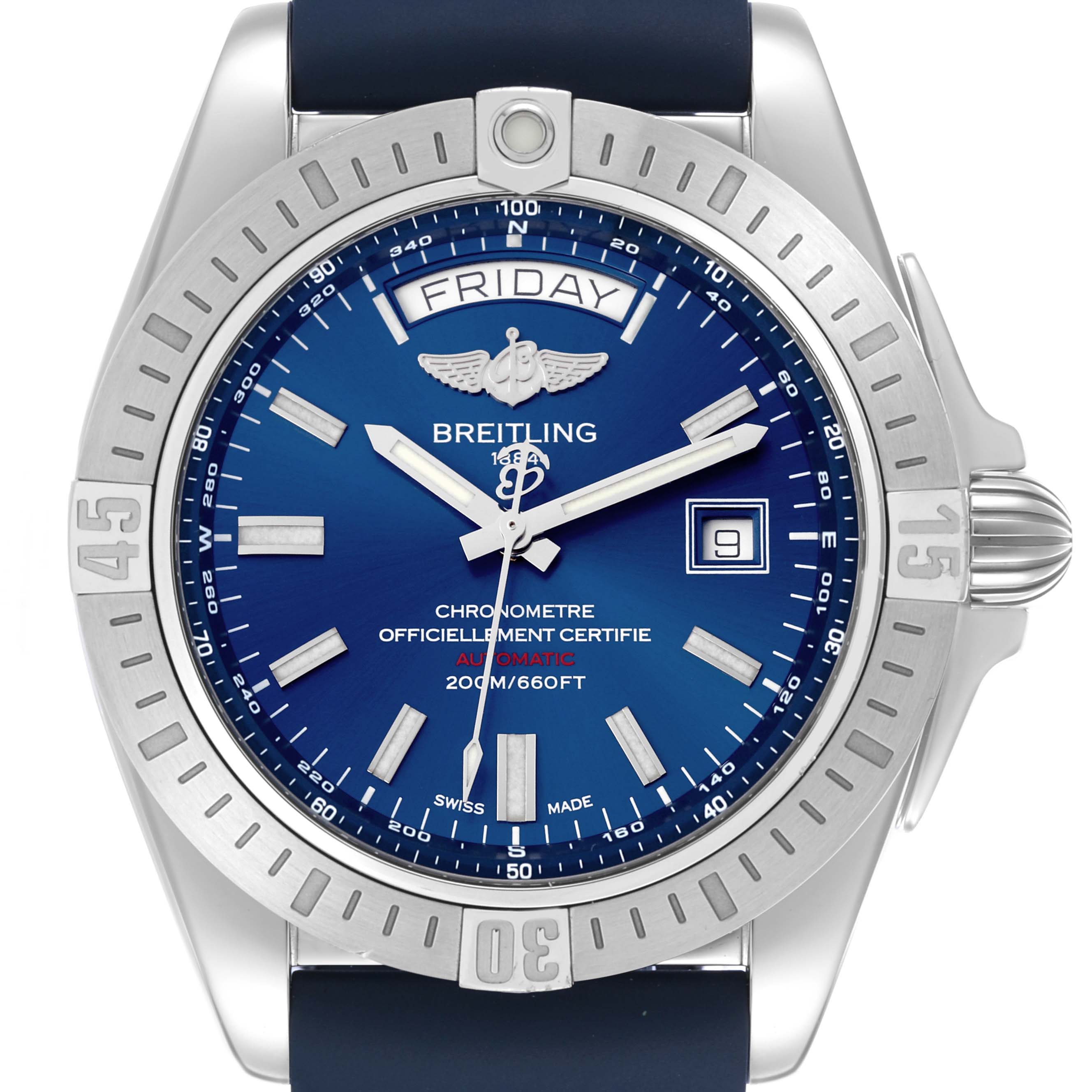 The Breitling Galactic A45320 Men's Stainless Steel Blue Dial A45320 Men's Stainless Steel Blue Dial watch is shown from a front angle, displaying the bezel, dial, hands, crown, and strap.