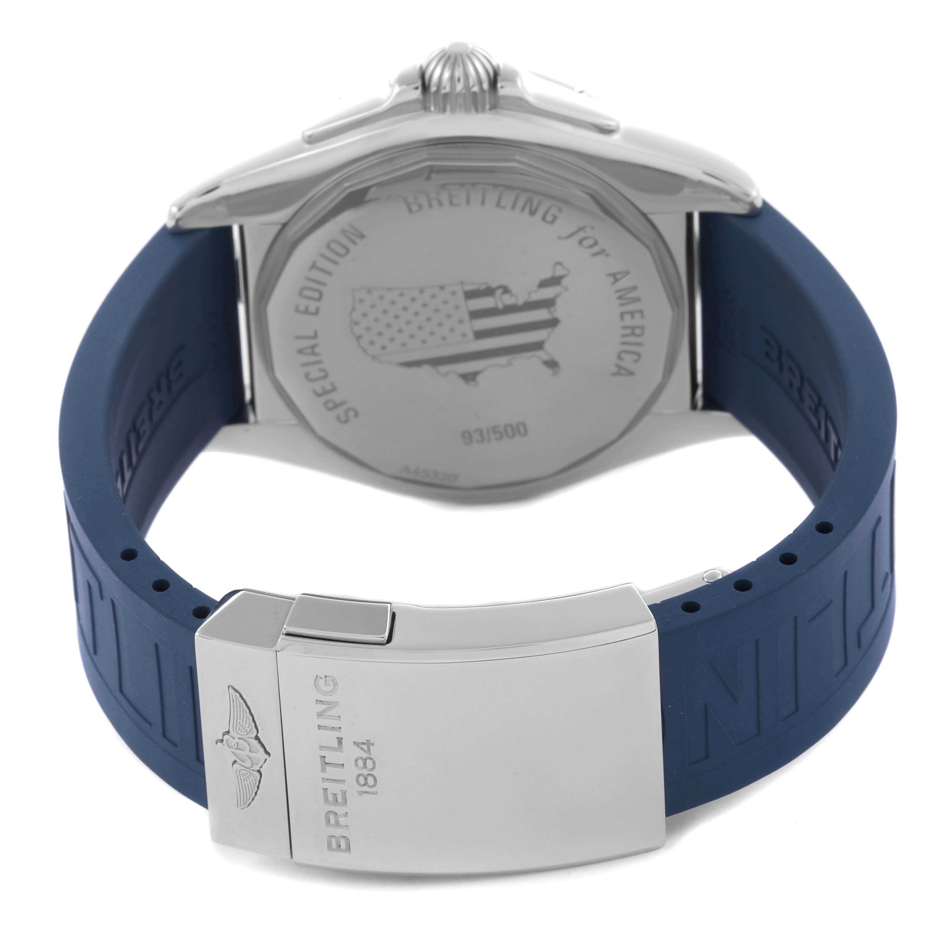 The Breitling Galactic A45320 Men's Stainless Steel Blue Dial A45320 Men's Stainless Steel Blue Dial watch is shown from the back, highlighting the case back and blue strap with Breitling branding.