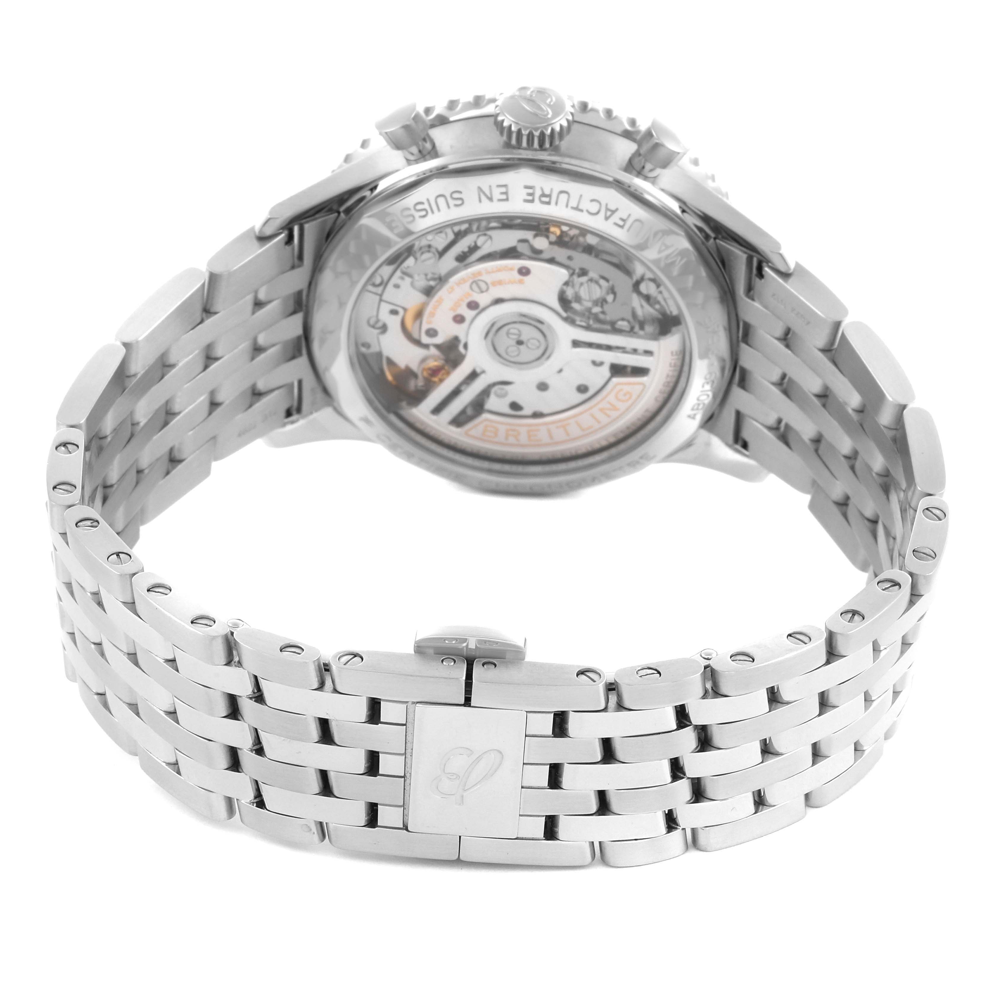 The image shows the back case and metal bracelet of a Breitling Navitimer AB0139241C1A1 Men's Stainless Steel Blue Dial AB0139241C1A1 Men's Stainless Steel Blue Dial watch, highlighting the movement and clasp.