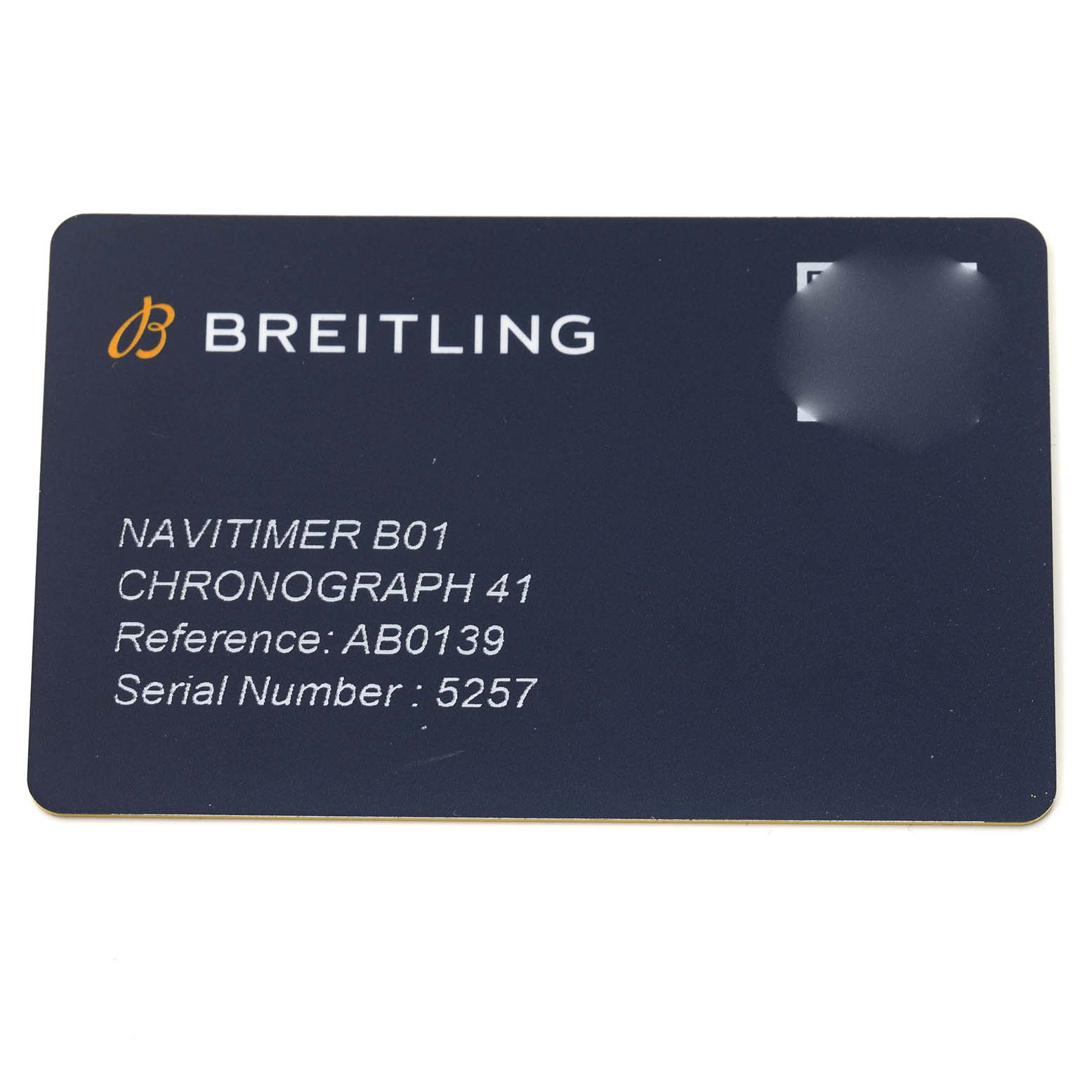 The image shows an identification card for the Breitling Navitimer AB0139241C1A1 Men's Stainless Steel Blue Dial AB0139241C1A1 Men's Stainless Steel Blue Dial B01 Chronograph 41, displaying reference and serial numbers.