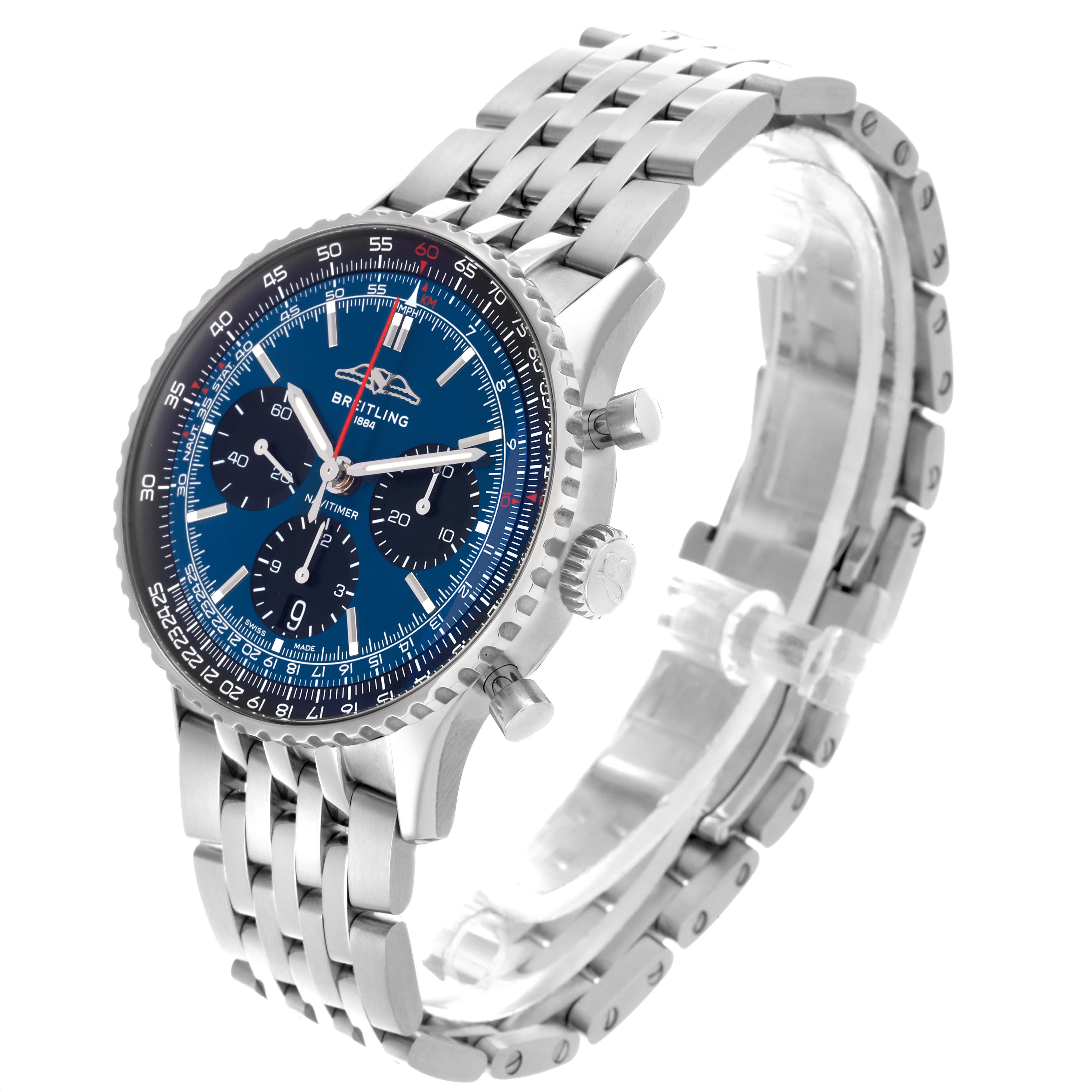 The Breitling Navitimer AB0139241C1A1 Men's Stainless Steel Blue Dial AB0139241C1A1 Men's Stainless Steel Blue Dial watch is shown from a three-quarter angle highlighting the dial, bezel, and bracelet.
